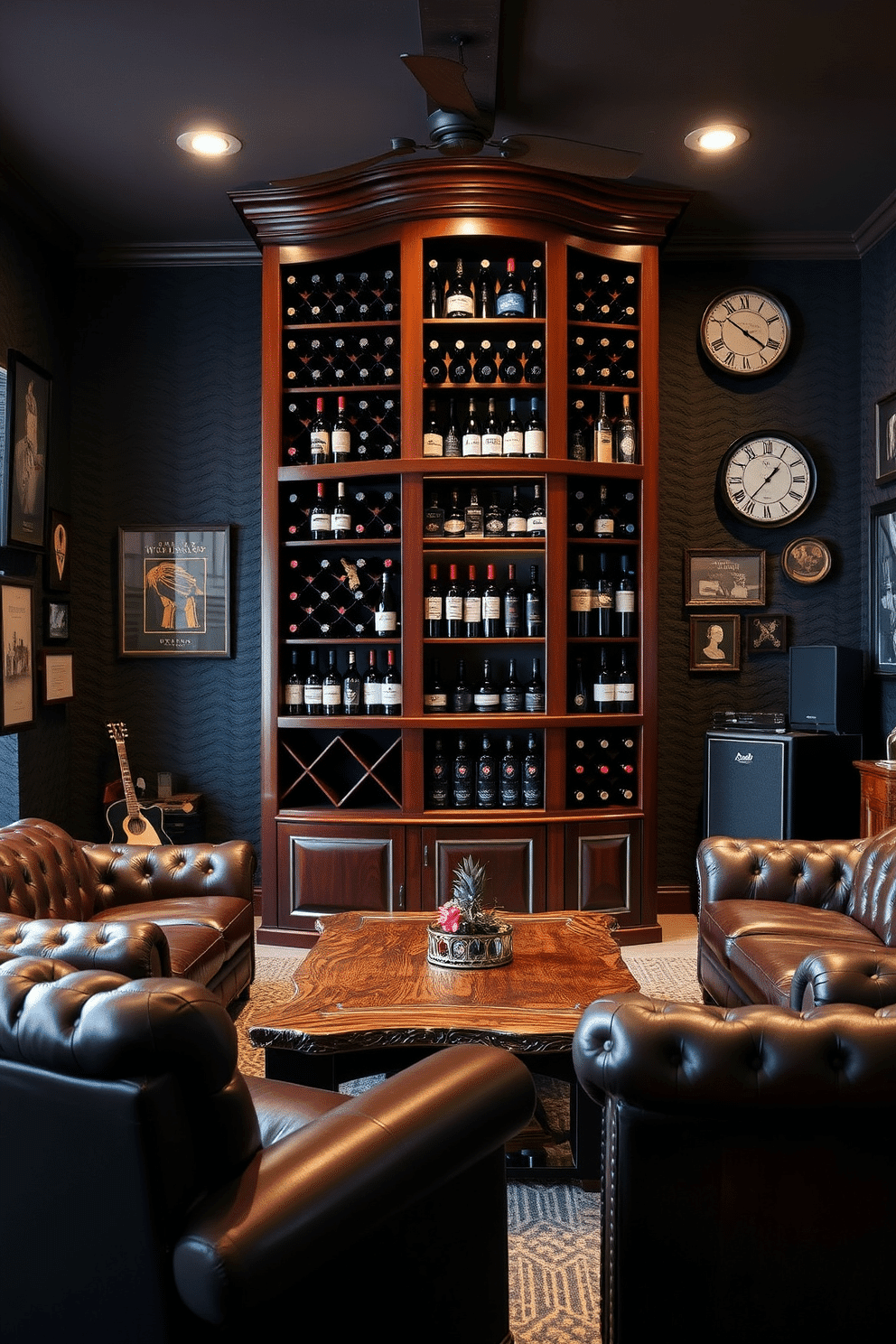 A wine rack crafted from rich mahogany, featuring elegant curved lines and a polished finish, stands as a centerpiece against a backdrop of dark, textured walls. Soft, ambient lighting highlights the bottles, creating an inviting atmosphere for entertaining guests. The man cave is designed with plush leather seating arranged around a rustic wooden coffee table, offering a cozy yet stylish gathering space. Vintage memorabilia adorns the walls, complemented by a state-of-the-art sound system for an ultimate entertainment experience.