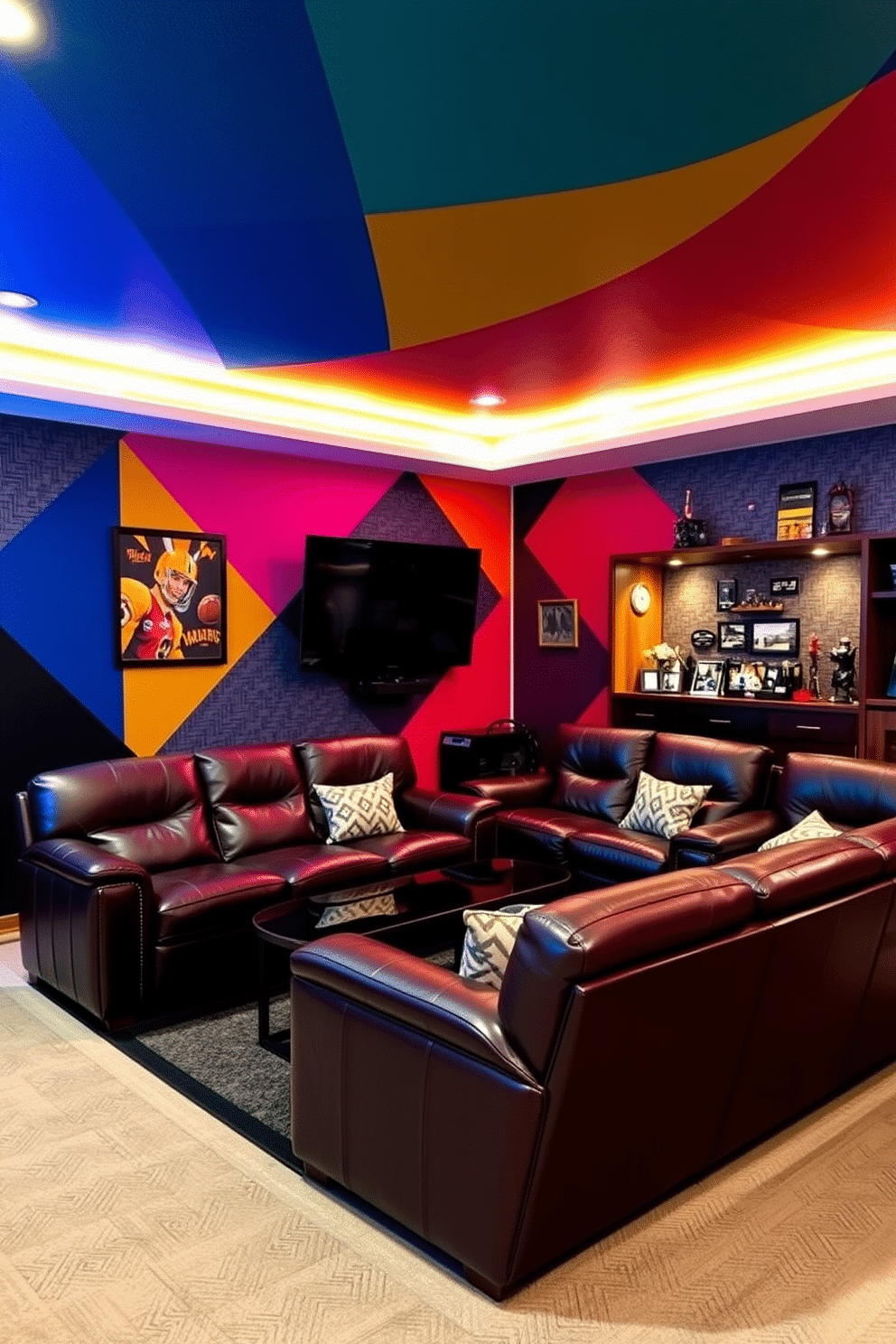 A creative wall paint design featuring geometric patterns in bold colors creates a vibrant focal point in the room. The wallpaper showcases a textured finish that adds depth and interest, complementing the overall aesthetic. For the man cave design, plush leather seating is arranged around a sleek coffee table, perfect for entertaining guests. The walls are adorned with sports memorabilia and ambient lighting that sets a cozy yet energetic atmosphere.