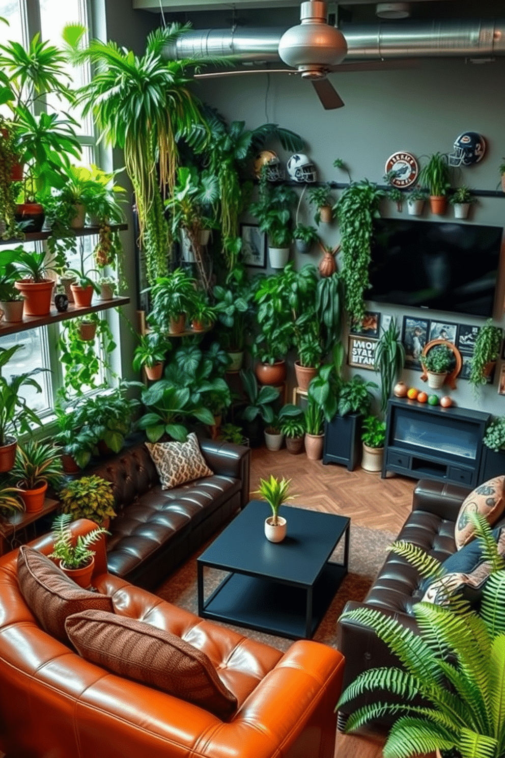 A vibrant indoor garden filled with lush greenery creates a refreshing atmosphere. Various potted plants, including ferns and succulents, are strategically placed on shelves and window sills, bringing life to the space. A stylish man cave features a plush leather sectional sofa centered around a sleek coffee table. The walls are adorned with sports memorabilia and a large flat-screen TV, complemented by ambient lighting for a cozy, inviting vibe.