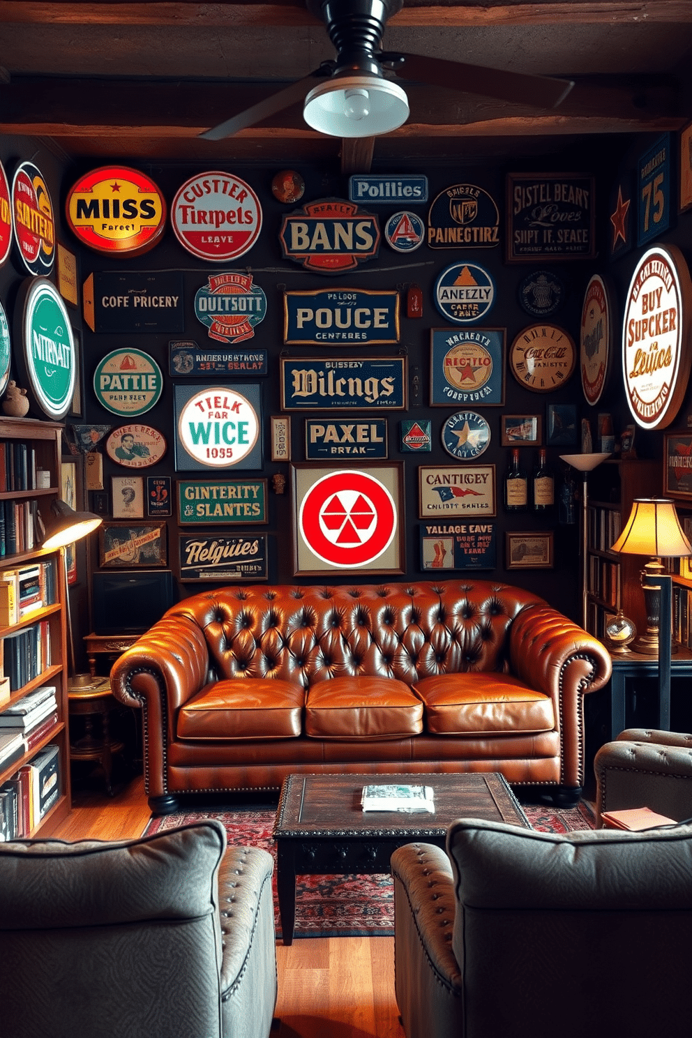 A cozy man cave filled with vintage signs that evoke nostalgia. The walls are adorned with an eclectic mix of retro advertisements and memorabilia, creating a warm and inviting atmosphere. A plush leather sofa sits in the center, surrounded by rustic wooden shelves filled with books and collectibles. Soft lighting from vintage-style lamps enhances the relaxed vibe, making it the perfect retreat for entertainment and relaxation.