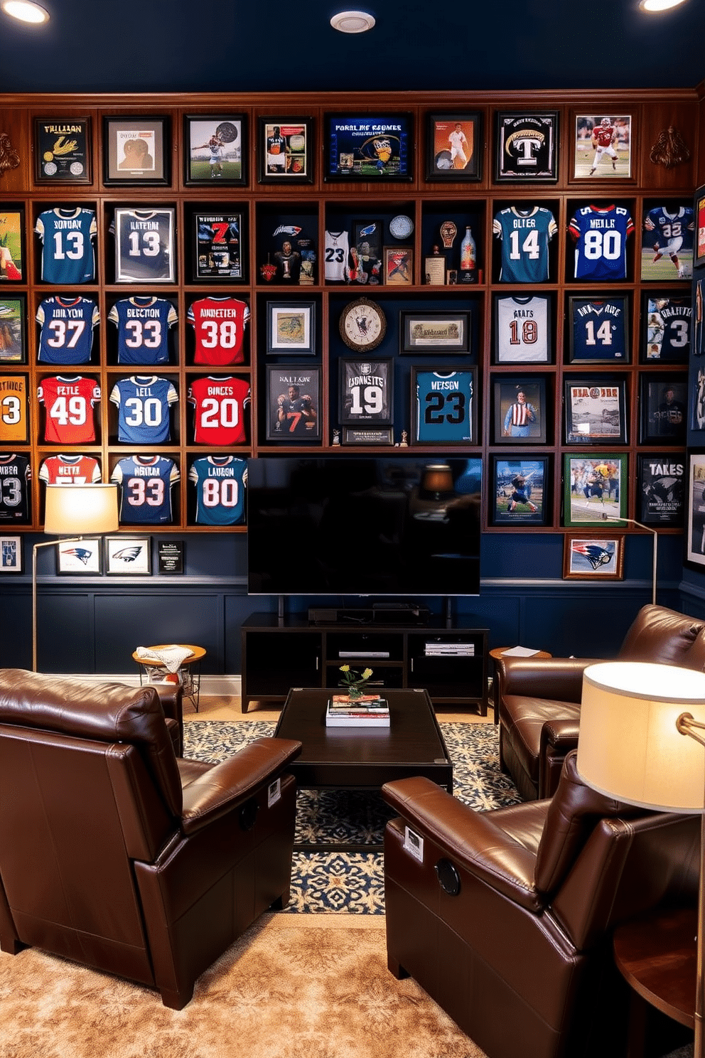 A dynamic sports memorabilia wall showcases an array of framed jerseys, signed photographs, and collectible items, creating a vibrant focal point in the man cave. The wall is painted in a deep navy blue, complementing the rich wood tones of the custom shelving that displays the memorabilia. Comfortable leather recliners are arranged around a sleek coffee table, providing the perfect spot for friends to gather and enjoy the game. Ambient lighting from stylish floor lamps enhances the cozy atmosphere, while a large flat-screen TV takes center stage for an immersive viewing experience.