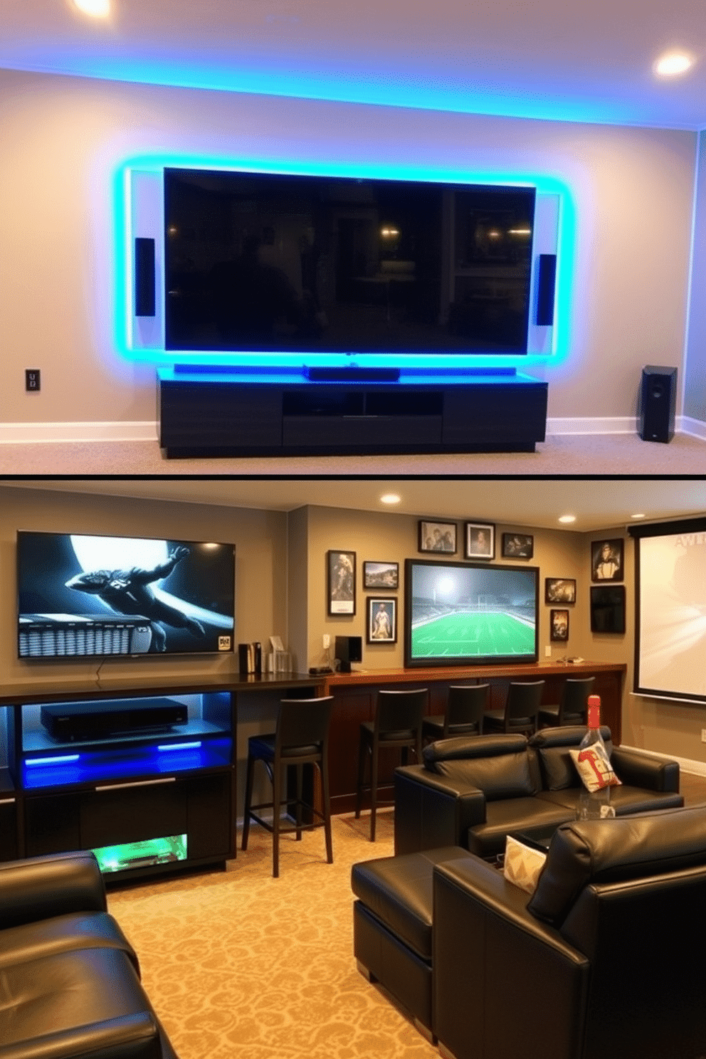 A sleek gaming console setup featuring a large flat-screen TV mounted on the wall, surrounded by LED strip lighting that changes colors. Below the TV, a modern entertainment unit houses the gaming console and accessories, complemented by plush seating in a dark leather finish. A stylish man cave designed for relaxation and entertainment, showcasing a custom-built bar with high stools and ambient lighting. The walls are adorned with framed sports memorabilia, and a comfortable sectional sofa faces a large projector screen for movie nights.