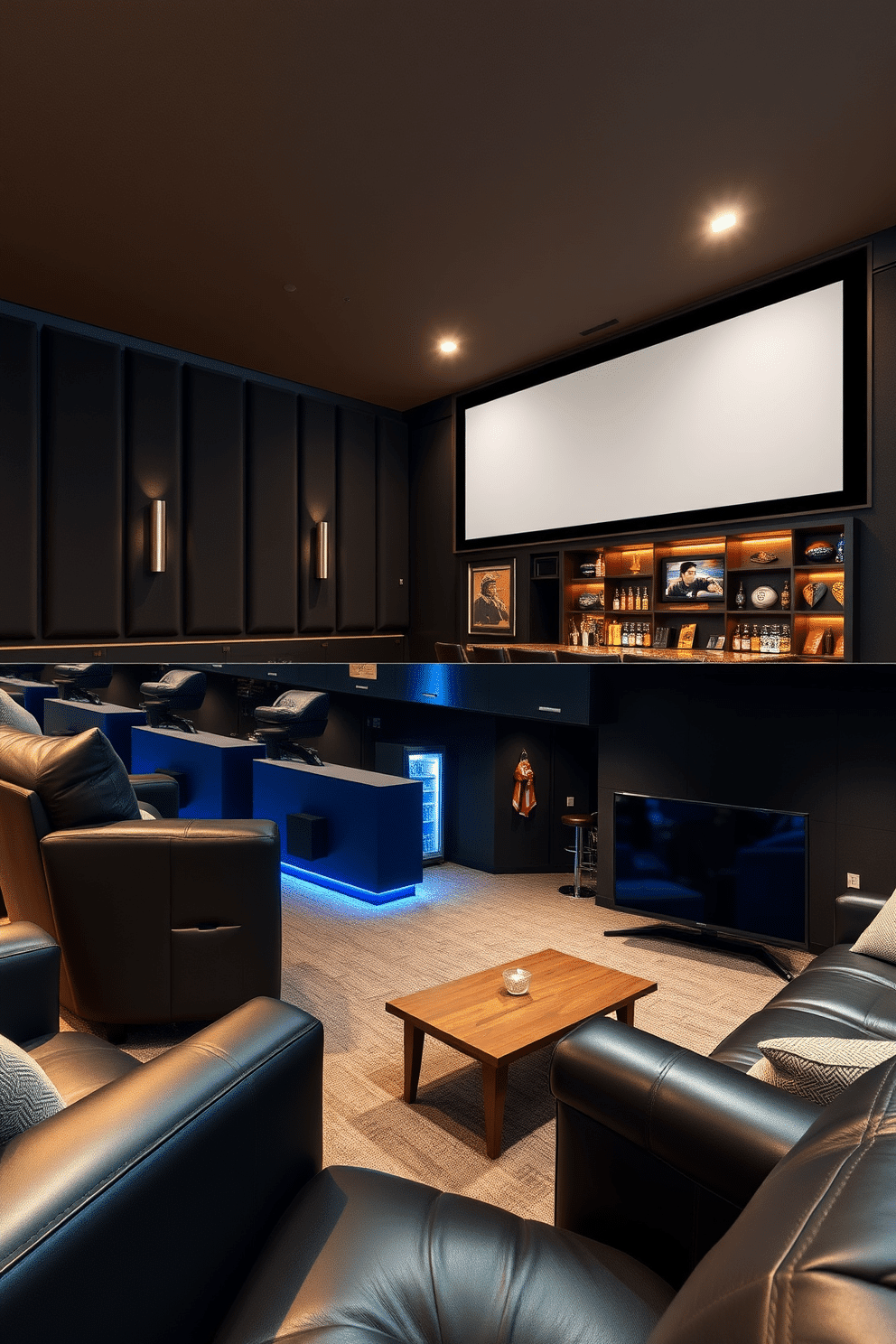 A luxurious home theater setup featuring plush, oversized seating arranged in a semi-circle for optimal viewing. The walls are adorned with dark acoustic panels, and a large projection screen dominates the front wall, complemented by ambient LED lighting that enhances the cinematic experience. A stylish man cave designed for relaxation and entertainment, showcasing a custom-built bar with high stools and a mini-fridge stocked with beverages. The space is decorated with sports memorabilia, a large flat-screen TV for game days, and comfortable leather sofas that invite social gatherings.