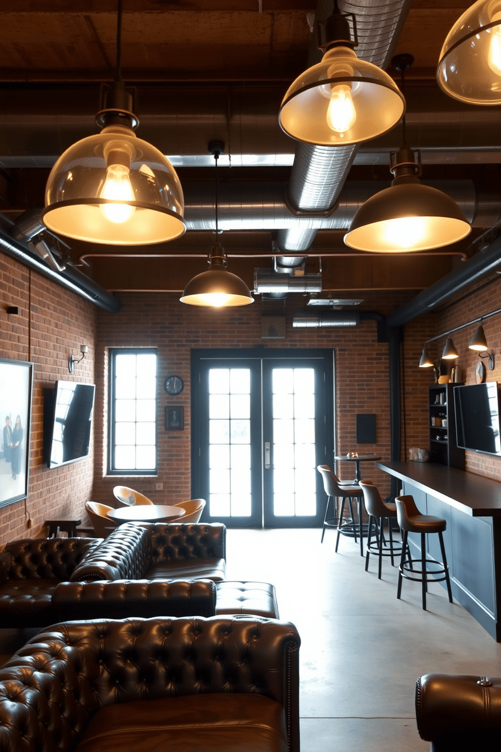 A stylish man cave featuring industrial lighting fixtures that create a warm and inviting ambiance. The room is adorned with exposed brick walls and a concrete floor, complemented by vintage leather furniture and a sleek bar area.