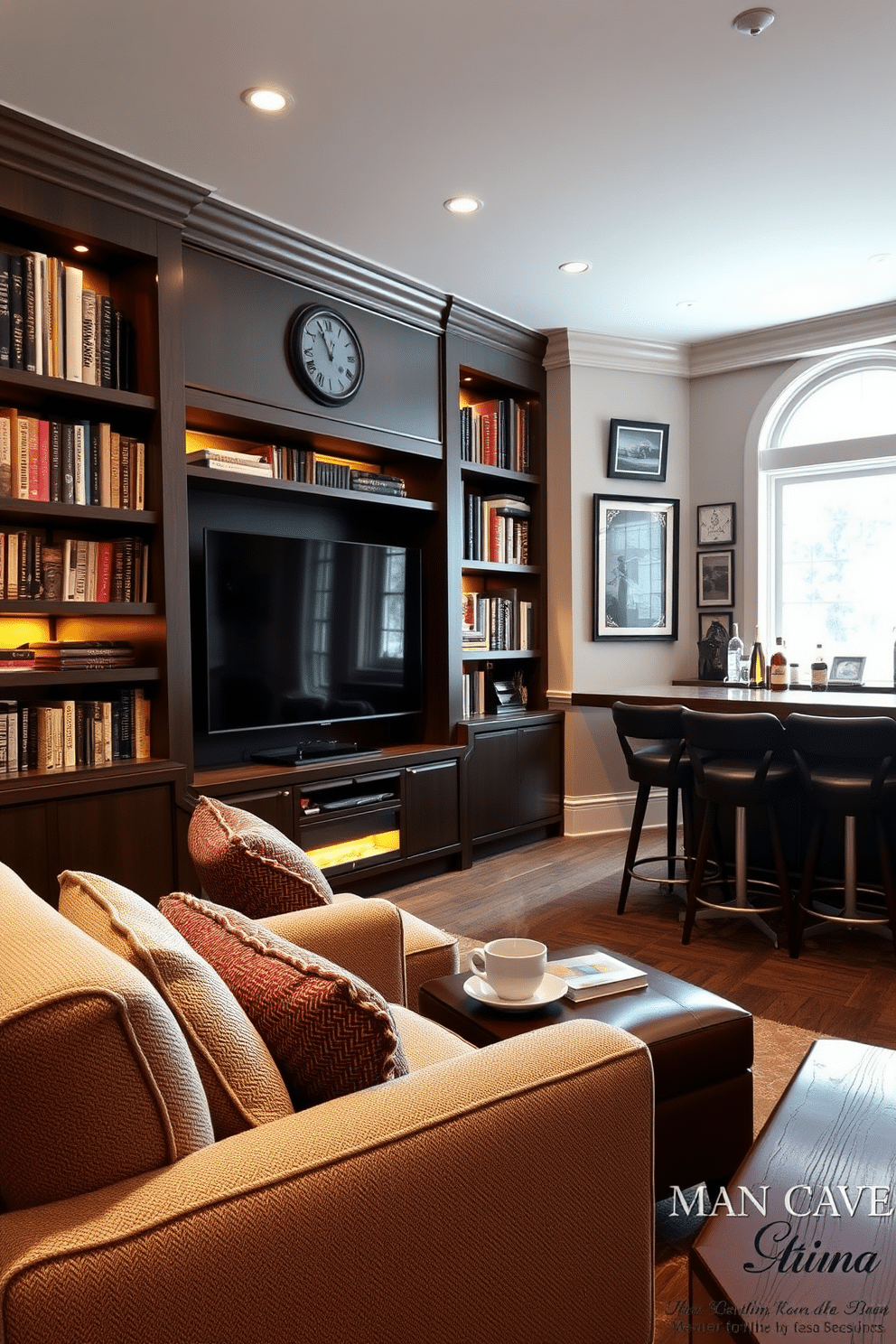 A cozy reading nook featuring a plush armchair upholstered in soft, textured fabric, positioned next to a large window that lets in natural light. Surrounding the nook are built-in bookshelves filled with an array of books, complemented by warm, ambient lighting and a small side table holding a steaming cup of tea. A stylish man cave designed for relaxation and entertainment, featuring a large sectional sofa in deep leather, positioned in front of a sleek entertainment center. The walls are adorned with framed sports memorabilia, and a rustic wooden bar area is set up in one corner, complete with high stools and a variety of drinks on display.