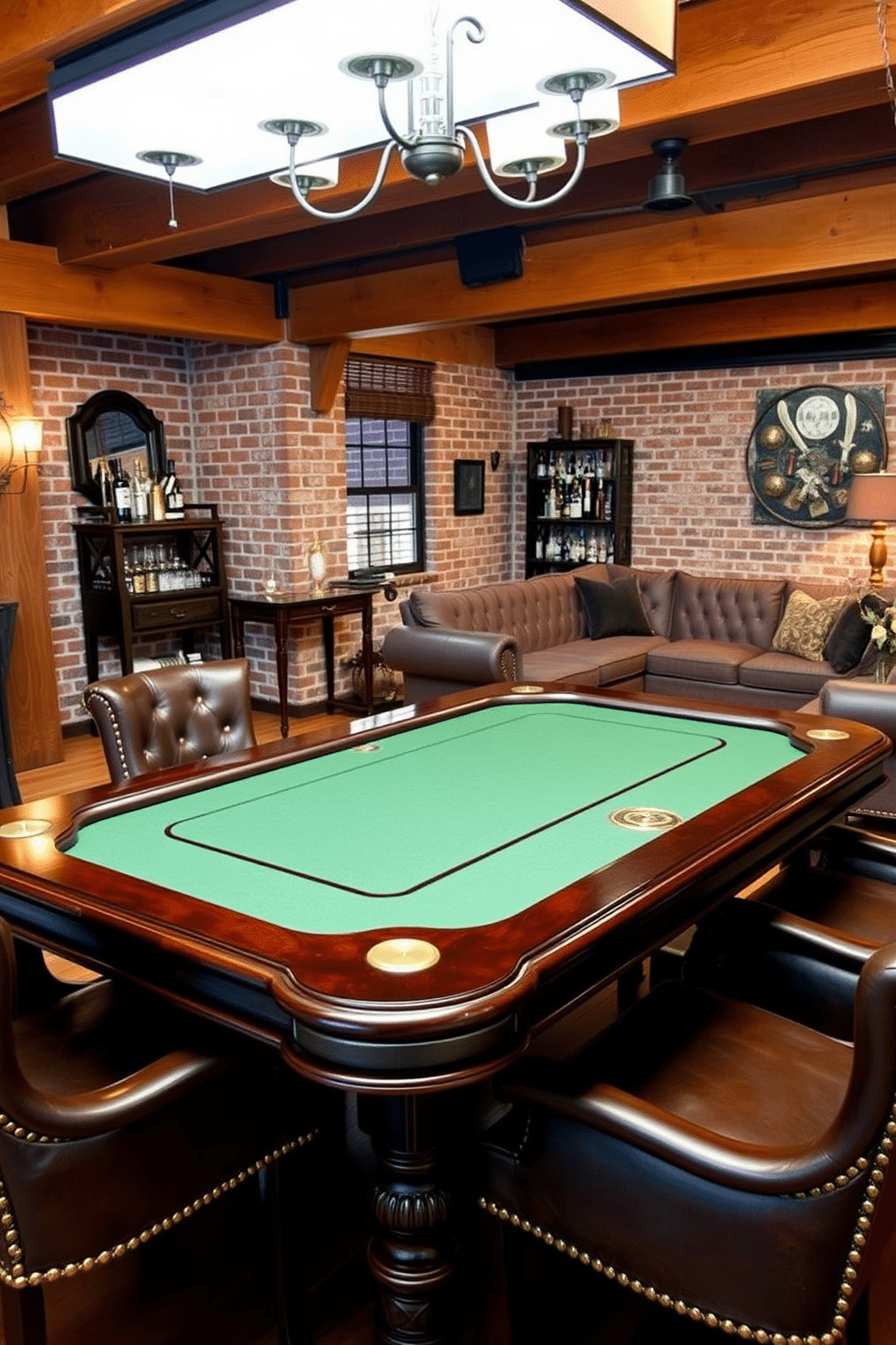 A stylish game table designed for poker or board games, featuring a rich mahogany finish and a soft, green felt surface. Surrounding the table are plush leather chairs with brass accents, creating an inviting atmosphere for friends and family. The man cave is designed with a rustic charm, incorporating exposed brick walls and warm wood beams. Ambient lighting fixtures hang from the ceiling, casting a cozy glow over a large sectional sofa and a vintage bar cart stocked with various spirits.