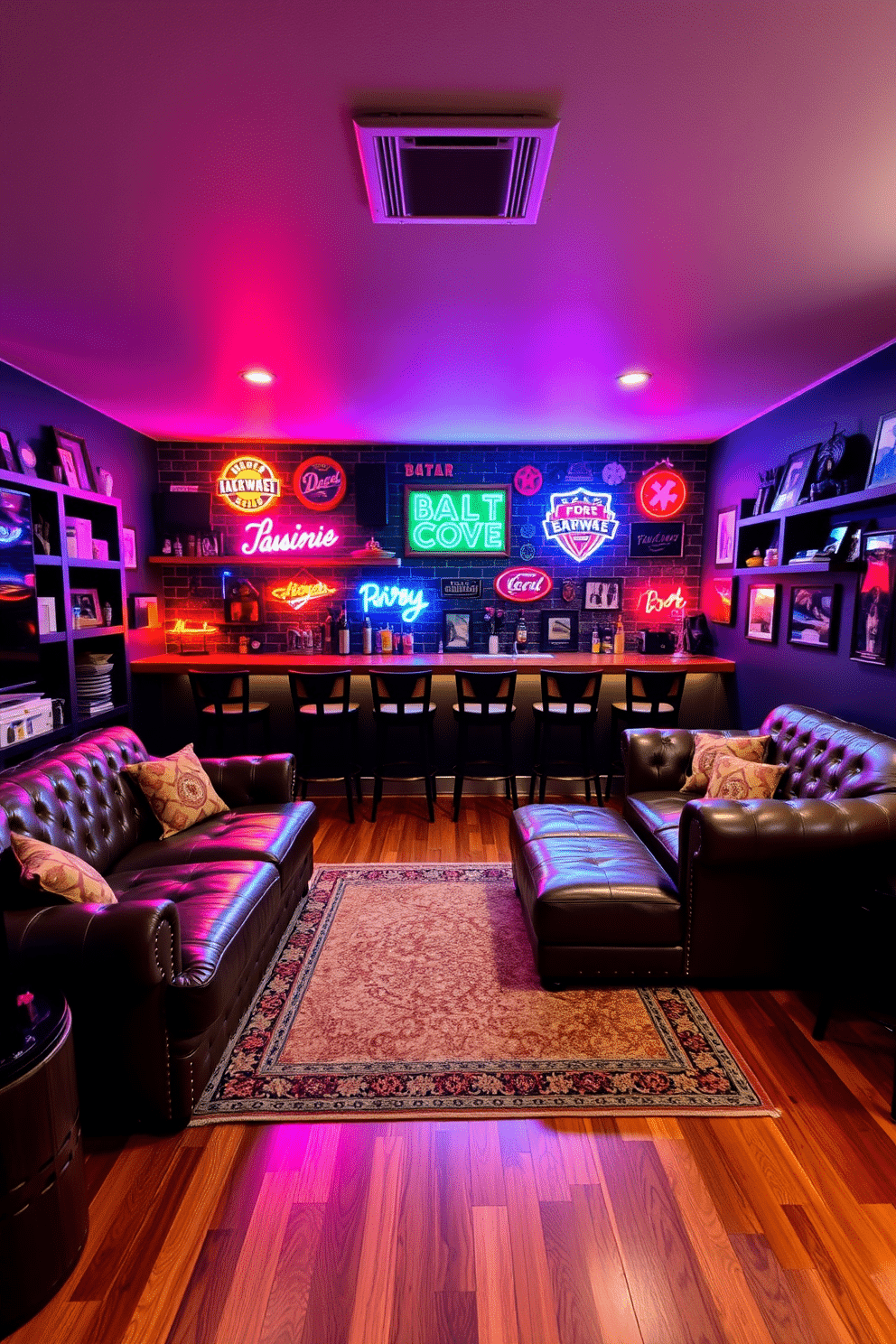 A stylish man cave featuring personalized neon signs that reflect the owner's interests and hobbies. The space includes a plush leather sofa, a custom-built bar with high stools, and a wall adorned with vibrant neon lights that create a lively atmosphere. The flooring is a rich hardwood, complemented by a large area rug that adds warmth to the room. Shelves are filled with memorabilia and framed photos, enhancing the personal touch of this unique retreat.