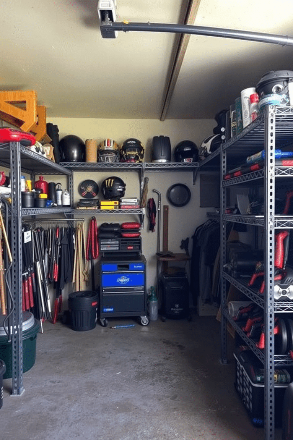 A rugged man cave garage featuring industrial metal shelving for storage. The shelving is lined with tools and sports memorabilia, creating a functional yet stylish space.