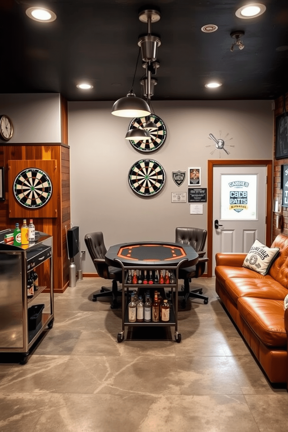 A cozy game area featuring a classic dartboard mounted on a rustic wooden wall, with a set of colorful darts neatly arranged nearby. In the center, a sleek poker table surrounded by comfortable leather chairs invites friends to enjoy a night of games, illuminated by warm pendant lighting overhead. A stylish man cave garage designed for relaxation and entertainment, showcasing a polished concrete floor and a vintage bar cart stocked with beverages. The walls are adorned with memorabilia and sports posters, while a plush sectional sofa offers a perfect spot to unwind after a long day.