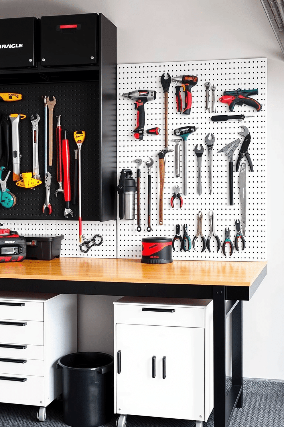 A stylish man cave garage featuring a pegboard wall for easy tool access. The pegboard is organized with various tools neatly hung, complemented by a workbench below that showcases a sleek, industrial design.