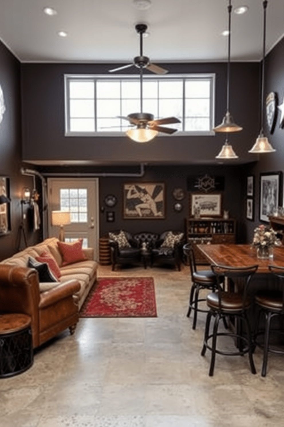 A stylish man cave designed from a converted garage, featuring a large window where the garage door once was. The space is filled with comfortable seating, including a plush sectional sofa and a vintage leather armchair, creating an inviting atmosphere for relaxation and entertainment. The walls are adorned with sports memorabilia and artwork, adding personality to the space. Ambient lighting fixtures hang from the ceiling, while a rustic wooden bar with high stools occupies one corner, perfect for hosting friends.