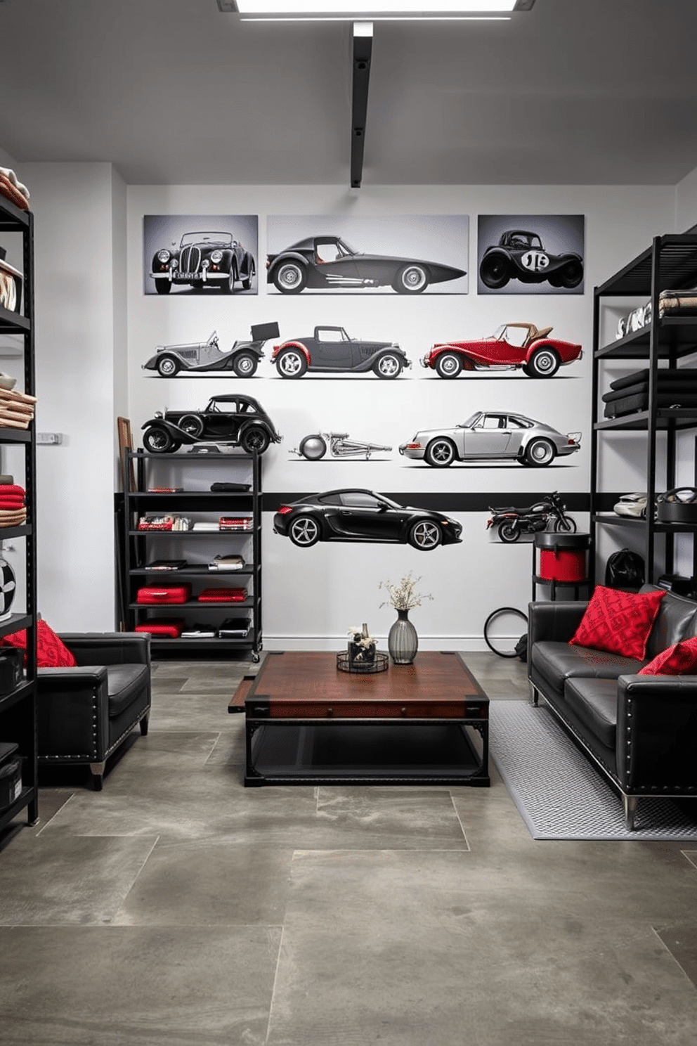 A stylish man cave garage featuring wall art of classic cars. The space includes a polished concrete floor, sleek metal shelving, and comfortable seating arranged around a vintage coffee table.