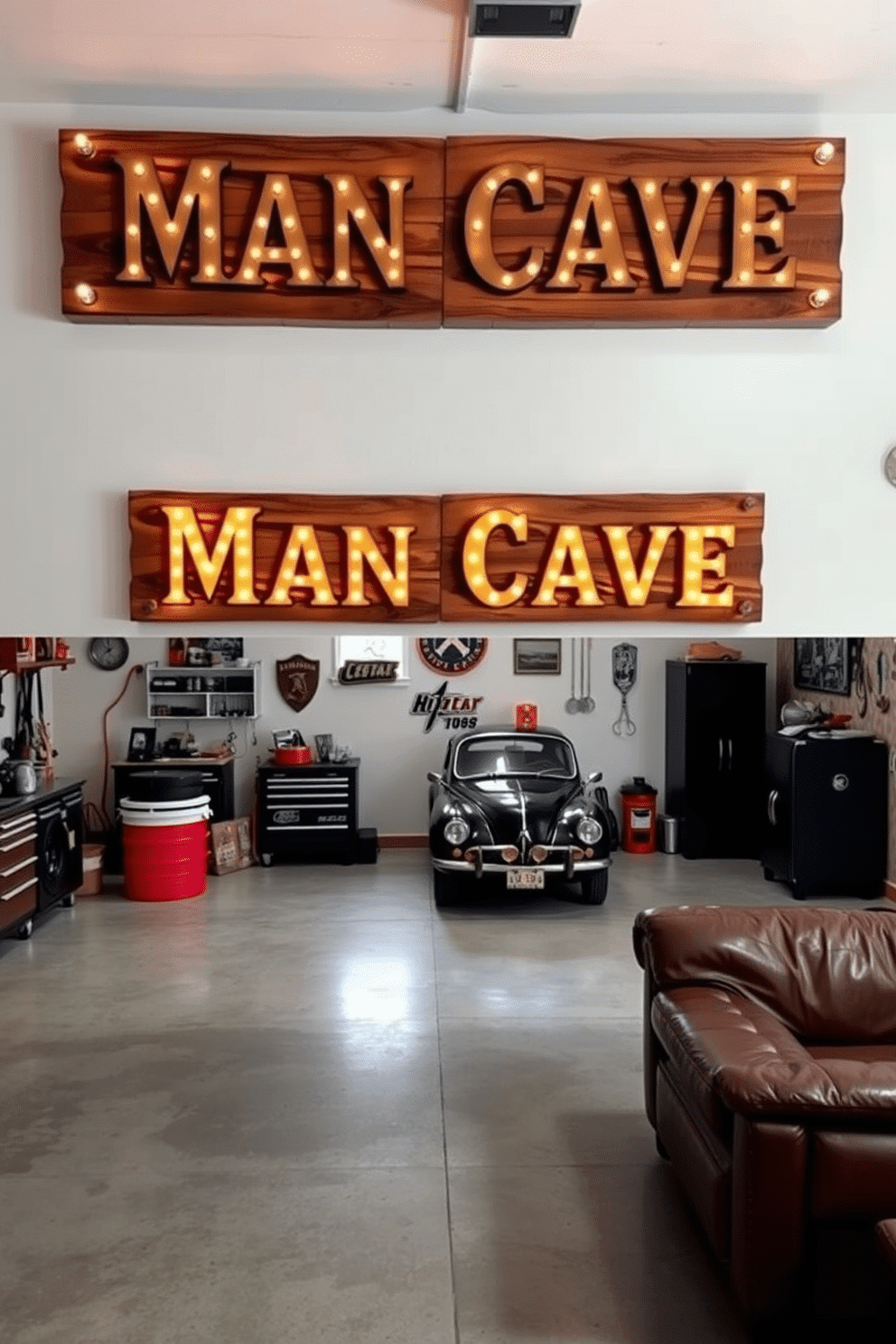 A personalized garage sign hangs prominently on the wall, featuring the name 