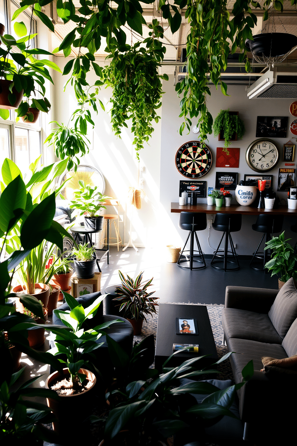 A cozy indoor space filled with lush greenery, featuring various indoor plants in stylish pots. Sunlight filters through a large window, illuminating the vibrant leaves and creating a fresh, inviting atmosphere. A stylish man cave garage that combines functionality with comfort, showcasing a sleek bar area with high stools and a vintage dartboard on the wall. The garage is adorned with automotive memorabilia, and comfortable seating is arranged around a central coffee table, perfect for relaxation and entertainment.