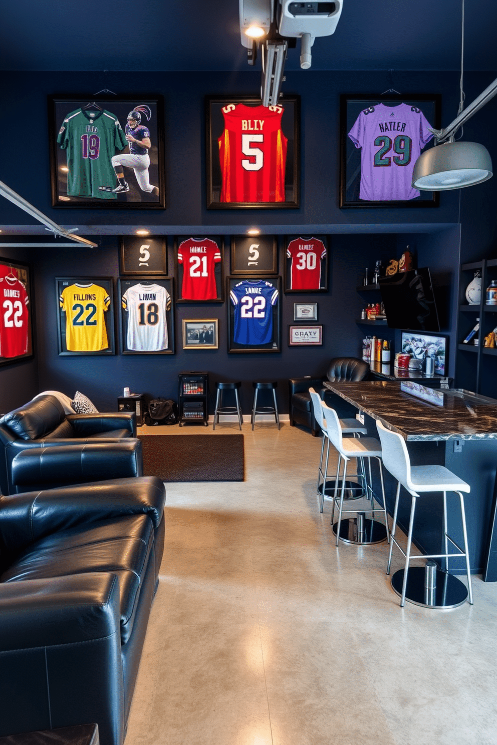 A stylish man cave garage featuring framed jerseys of favorite athletes displayed prominently on the walls. The space includes a comfortable lounge area with leather seating, a sleek bar with high stools, and a contemporary entertainment system for watching games. The garage floor is finished with polished concrete, while the walls are painted in a deep navy blue to create a cozy yet vibrant atmosphere. Accent lighting highlights the jerseys, and sports memorabilia is tastefully arranged on shelves to enhance the theme.