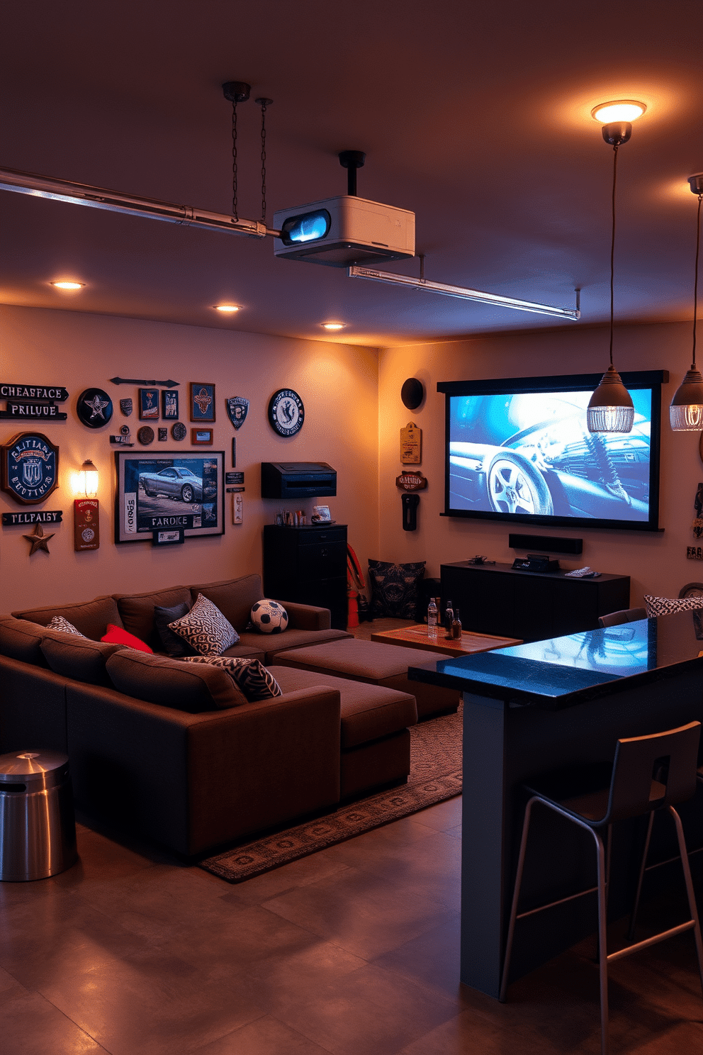 A cozy man cave garage designed for ultimate relaxation and entertainment. The space features a large sectional sofa facing a wall-mounted portable projector, with soft ambient lighting creating an inviting atmosphere. The garage is adorned with vintage memorabilia and sports-themed decor, enhancing the personalized touch. A sleek bar area with high stools complements the setup, providing the perfect spot for snacks and drinks during movie nights.