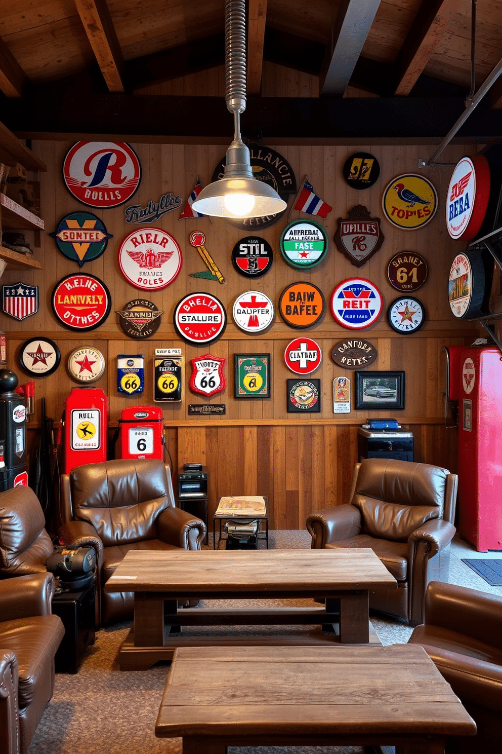 A collection of vintage gas station signs adorns the walls of a rustic man cave garage, creating a nostalgic atmosphere. The signs feature vibrant colors and classic logos, adding character to the space while complementing the warm wooden accents throughout. The garage is designed with a comfortable seating area, featuring leather recliners and a reclaimed wood coffee table. Industrial-style lighting fixtures hang from the ceiling, casting a soft glow over the space, enhancing the inviting ambiance for gatherings and relaxation.