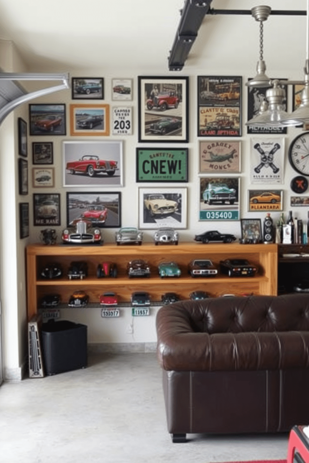 A vintage car memorabilia display wall features an array of framed photographs and posters showcasing classic automobiles, arranged in a visually appealing collage. Below the artwork, a custom-built wooden shelf holds scale model cars and vintage license plates, adding character and nostalgia to the space. The man cave garage design incorporates a polished concrete floor, with a comfortable leather sofa positioned for relaxation. Industrial-style lighting fixtures hang from the ceiling, illuminating a bar area stocked with vintage car-themed decor and memorabilia, creating the perfect retreat for car enthusiasts.