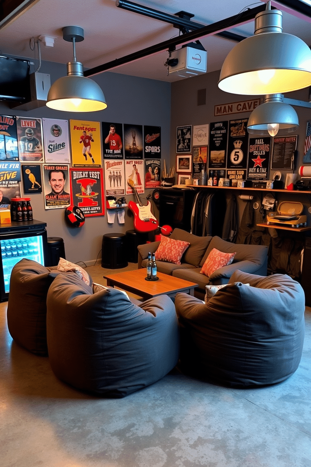 A cozy man cave garage featuring comfortable bean bags arranged around a low coffee table. The walls are adorned with vintage posters and sports memorabilia, creating an inviting atmosphere for relaxation and entertainment. The garage floor is polished concrete, complemented by warm ambient lighting from stylish pendant lamps. A mini-fridge stocked with beverages sits in the corner, ensuring easy access for guests while they enjoy the space.