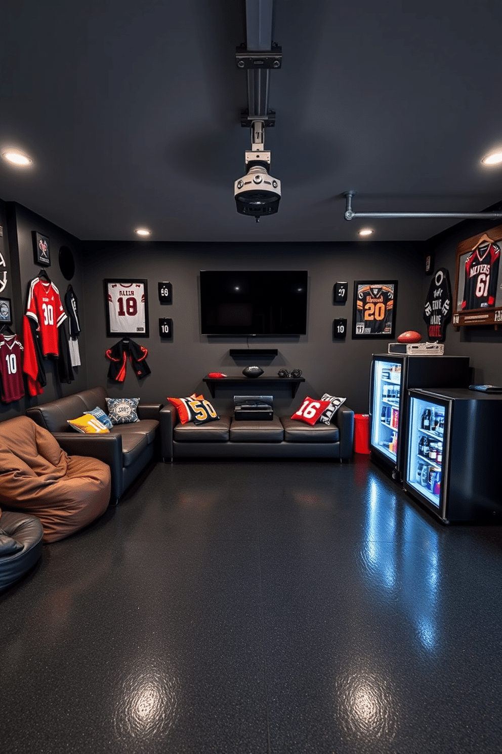 A stylish man cave garage designed for sports viewing features a wall-mounted TV positioned at eye level, surrounded by comfortable seating options like a plush sectional sofa and bean bags. The walls are adorned with sports memorabilia and framed jerseys, while the floor showcases a durable epoxy finish in a sleek, dark color. The space is illuminated with adjustable LED lighting that highlights the TV area and creates an inviting atmosphere. A mini-fridge stocked with beverages and snacks complements the setup, ensuring that friends and family can enjoy game days in comfort and style.