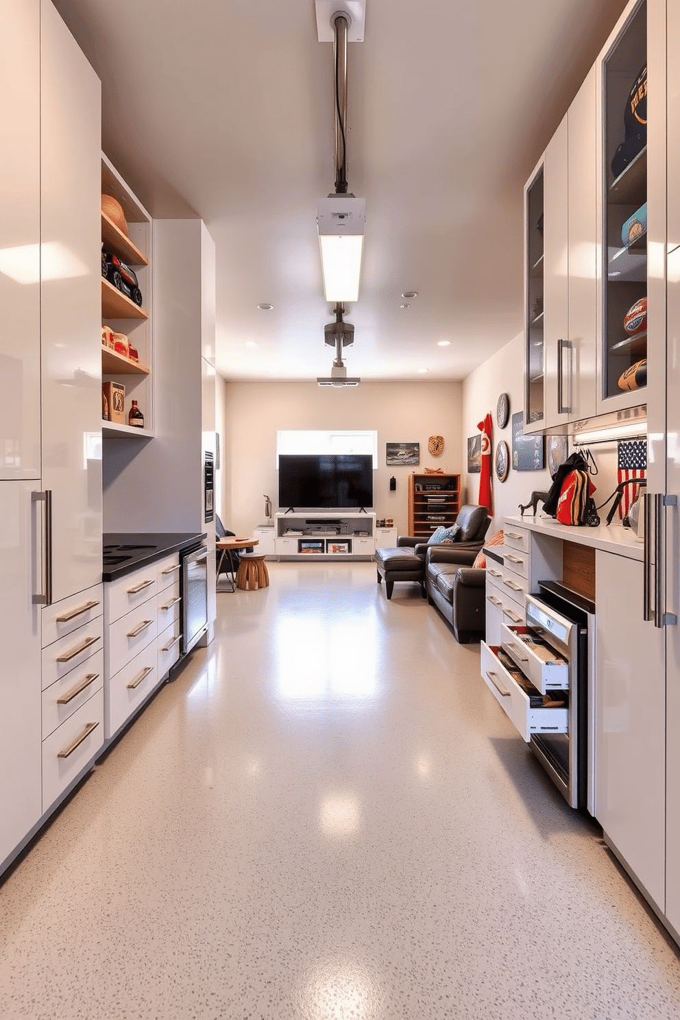 Custom cabinetry for organized storage. The cabinetry features sleek, modern lines with a high-gloss finish, designed to maximize space and functionality. Inside, adjustable shelves and pull-out drawers provide easy access to tools and supplies, while integrated lighting highlights the contents. Man Cave Garage Design Ideas. The garage is transformed into a stylish retreat with comfortable seating, a large flat-screen TV, and a mini-fridge for refreshments. Walls are adorned with sports memorabilia, and the flooring is a durable epoxy finish that adds a polished look to the space.