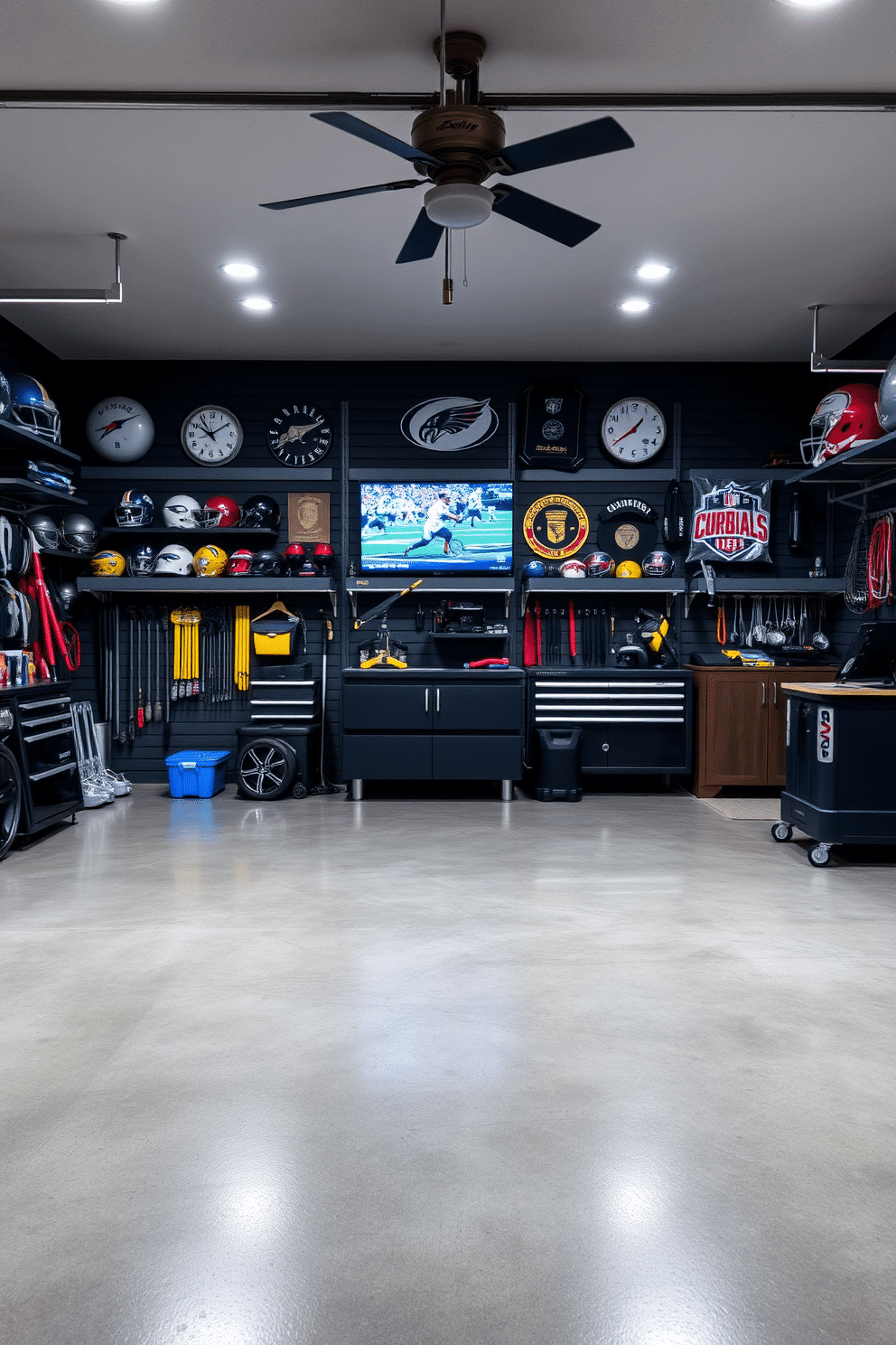 A stylish man cave garage features a sleek, polished concrete floor that is both durable and easy to clean, providing a modern aesthetic. The walls are adorned with custom shelving units that display an impressive collection of sports memorabilia and tools, creating a personalized retreat for relaxation and entertainment.