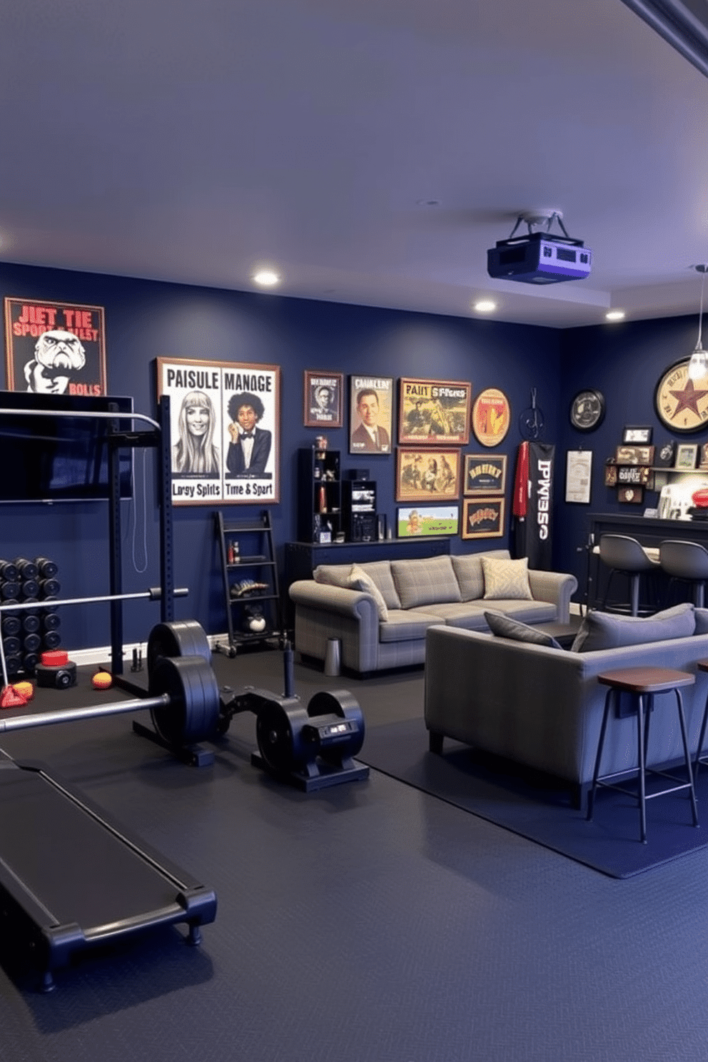 A spacious garage gym area featuring a variety of workout equipment, including a squat rack, free weights, and a treadmill, all arranged for optimal functionality. The walls are painted in a deep navy blue, complemented by motivational posters, and the floor is covered with durable rubber mats for safety and comfort. A stylish man cave garage designed for relaxation and entertainment, showcasing a large sectional sofa and a mounted flat-screen TV. The space is accented with vintage sports memorabilia, a sleek bar area with high stools, and ambient lighting to create a cozy atmosphere.