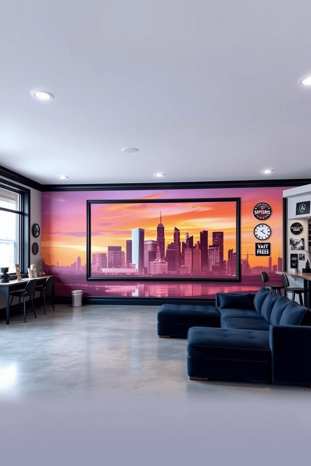 A creative wall paint design features a vibrant mural depicting a city skyline at sunset, with shades of orange, pink, and purple blending seamlessly. The mural is framed by sleek black trim, enhancing the overall aesthetic of the room. For the man cave garage design, imagine a spacious area with polished concrete floors and walls adorned with vintage car memorabilia. A large sectional sofa in a deep navy blue invites relaxation, while a custom bar area with high stools provides the perfect spot for entertaining friends.