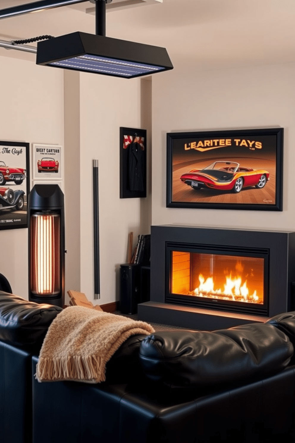 A cozy man cave garage featuring a stylish electric heater that adds warmth to the space. The walls are adorned with vintage car posters, and a plush leather sofa is positioned in front of a modern fireplace, creating an inviting atmosphere for relaxation and entertainment.