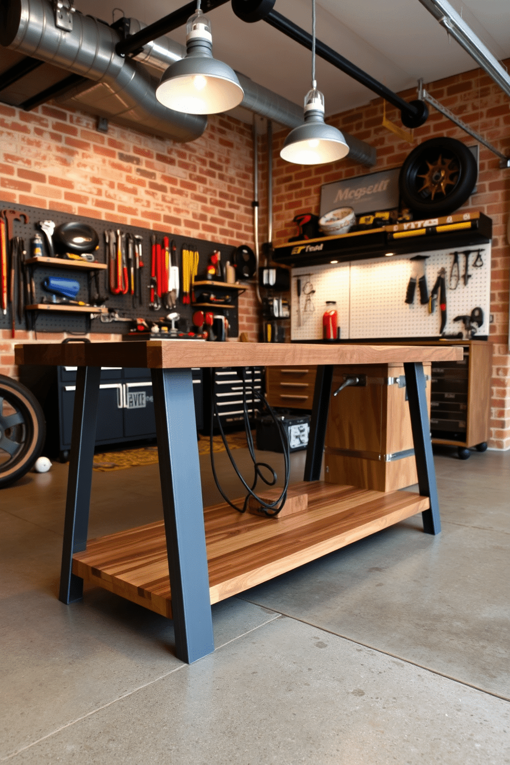 A stylish workbench in a man cave garage features built-in power outlets for convenience and functionality. The workbench is made of reclaimed wood, paired with sleek metal legs, and is surrounded by organized tool storage and a pegboard for easy access to equipment. The garage is designed with a rugged yet inviting aesthetic, showcasing exposed brick walls and polished concrete floors. Ambient lighting fixtures hang from the ceiling, creating a warm atmosphere perfect for both work and leisure activities.