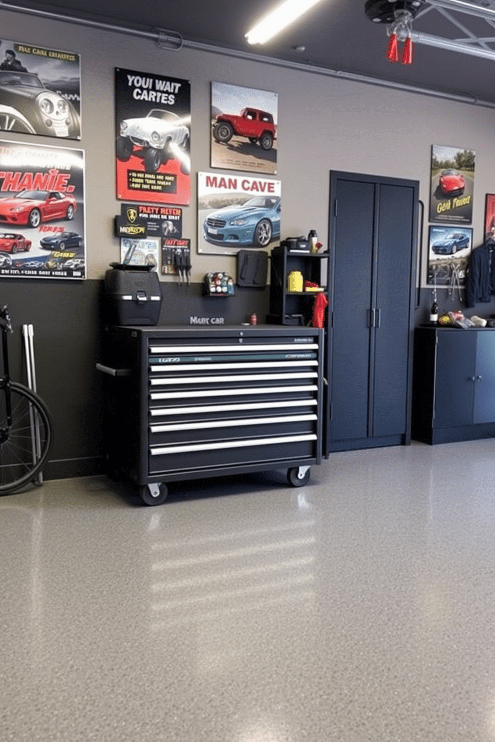 A stylish man cave garage featuring a tool chest on wheels for easy mobility. The walls are adorned with vintage car posters, and the floor is coated with a sleek epoxy finish, providing a modern yet rugged atmosphere.