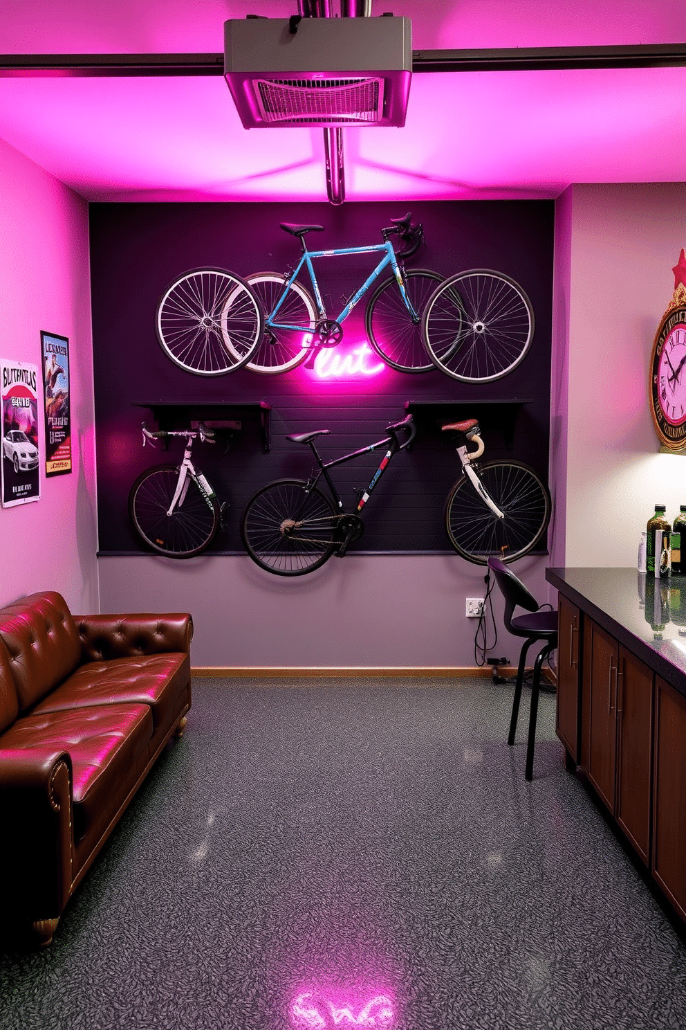 A modern garage designed as a man cave features custom bicycle storage racks mounted on the wall, keeping the space organized and clutter-free. The floor is coated with a durable epoxy finish, while the walls are adorned with vintage automotive posters and a neon sign, creating a vibrant atmosphere. The seating area includes a leather sofa and a custom-built bar, perfect for entertaining friends. Ambient lighting highlights the bicycle racks, showcasing the owner's collection while adding a stylish touch to the overall design.