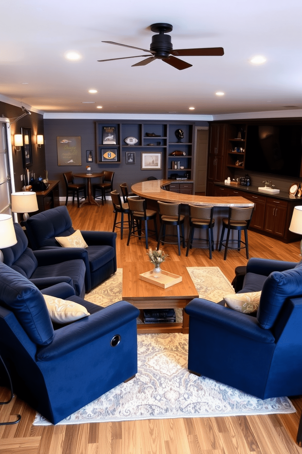 Cozy lounge area with recliners. The space features plush, oversized recliners in a rich navy blue fabric, arranged around a rustic wooden coffee table. A soft, warm rug lies beneath, complementing the wooden flooring, while ambient lighting from stylish floor lamps creates a welcoming atmosphere. Man Cave Garage Design Ideas. The garage is transformed into a stylish man cave with a sleek bar area featuring high-top stools and a custom-built wooden bar. Wall-mounted shelves display sports memorabilia, and a large flat-screen TV is positioned for optimal viewing, surrounded by comfortable seating options.