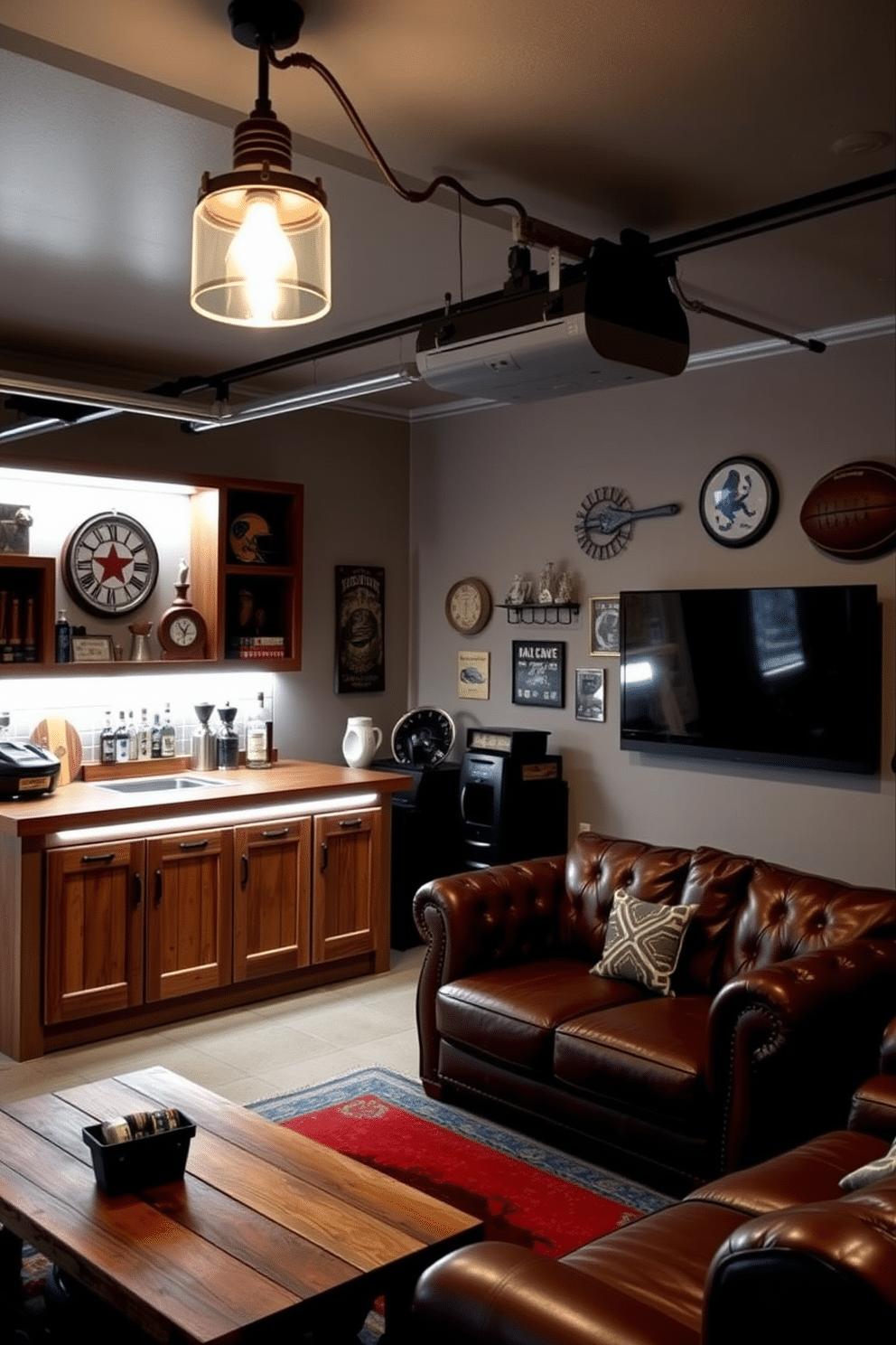 A stylish man cave garage featuring unique lighting fixtures that enhance the ambiance. The space includes an industrial-style pendant light hanging over a custom bar area, complemented by LED strip lights along the shelves. The garage is designed with a cozy lounge area, showcasing a vintage leather sofa and a reclaimed wood coffee table. Accent lights illuminate the walls adorned with sports memorabilia, creating a perfect retreat for relaxation and entertainment.