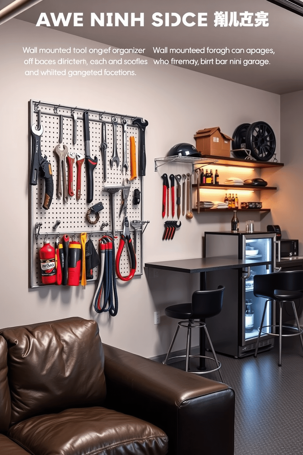 A wall-mounted tool organizer is designed for maximum efficiency, featuring a variety of hooks and shelves to neatly store tools of different sizes. The organizer is crafted from durable metal with a sleek finish, ensuring easy access and a clutter-free workspace. The man cave garage showcases a blend of comfort and functionality, with a cozy seating area adorned with plush leather sofas. Ambient lighting highlights the custom bar area, complete with a mini-fridge and stylish bar stools, creating the perfect spot for relaxation and entertainment.