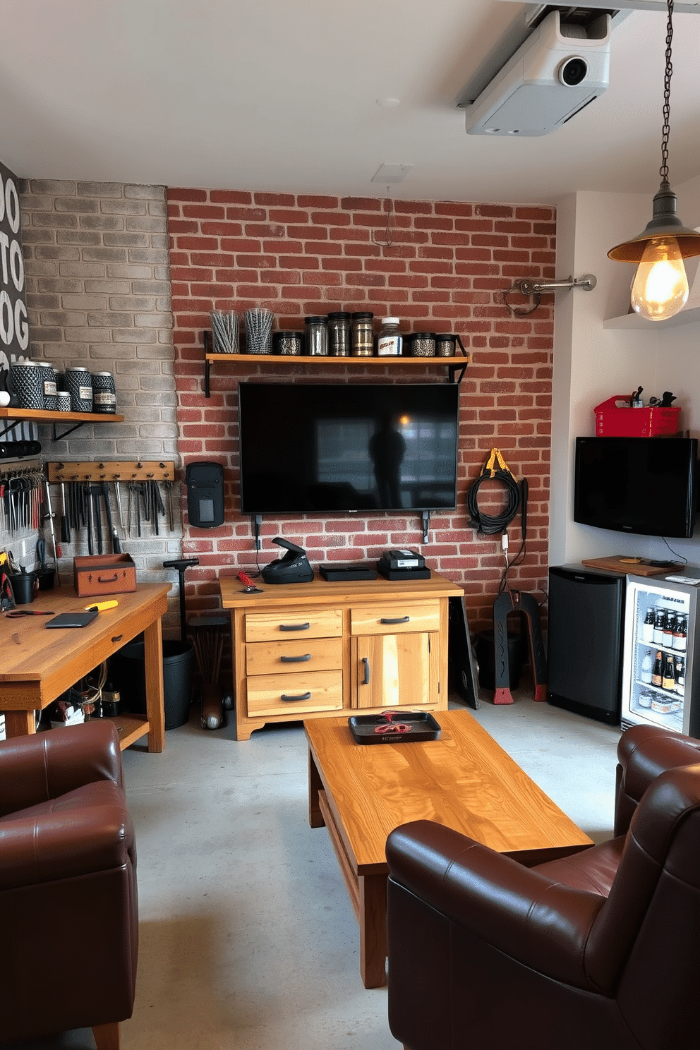 A rustic wooden workbench is positioned against a weathered brick wall, adorned with various hand tools and a vintage toolbox. Above the workbench, shelves are filled with jars of screws and nails, creating an organized yet charming workspace. The man cave garage features a cozy lounge area with leather recliners and a wooden coffee table, complemented by a wall-mounted flat-screen TV. Industrial-style pendant lights hang from the ceiling, casting a warm glow over the space, while a mini-fridge stocked with beverages adds to the relaxed atmosphere.