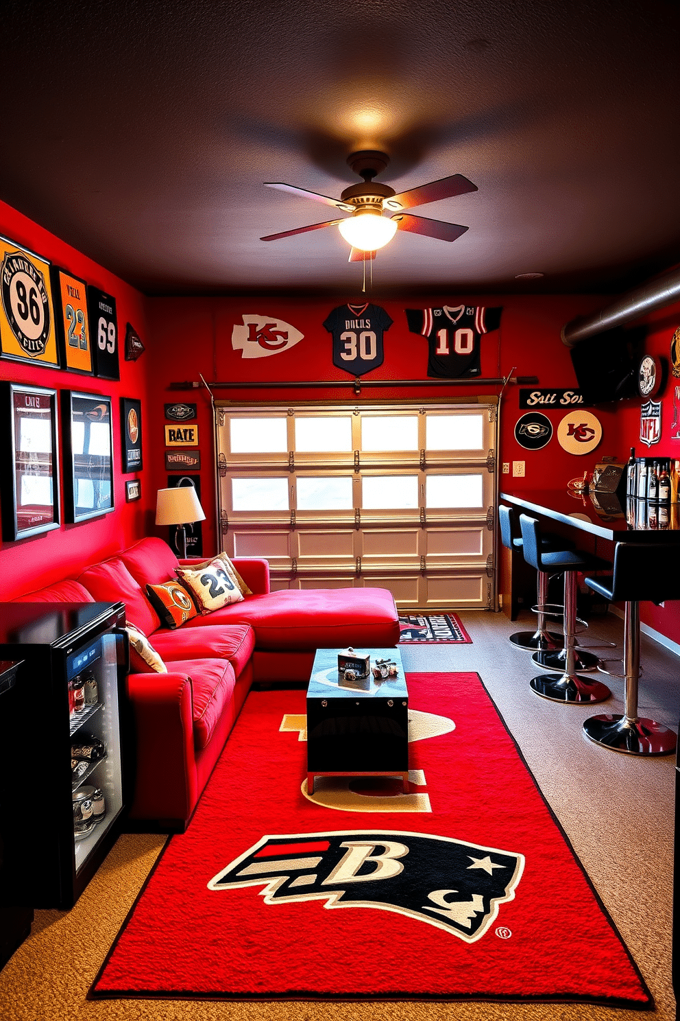 A vibrant man cave featuring sports-themed decor in rich team colors. The walls are adorned with framed jerseys and memorabilia, while a plush sectional sofa in the team's colors invites relaxation. In the garage area, a sleek bar with high stools complements the space, showcasing a mini fridge stocked with beverages. An area rug with the team's logo anchors the seating area, creating a perfect spot for game day gatherings.