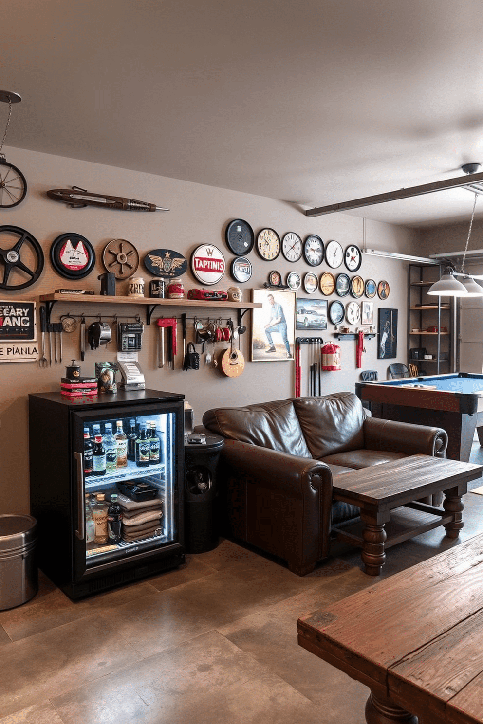 A mini fridge is positioned in the corner of a stylish man cave, stocked with an assortment of drinks and snacks for entertaining guests. The fridge is surrounded by a cozy seating area featuring plush leather sofas and a rustic coffee table, creating an inviting atmosphere. The garage is transformed into a sleek man cave, showcasing a polished concrete floor and walls adorned with vintage car memorabilia. Custom shelving holds tools and collectibles, while ambient lighting highlights a pool table, making it the perfect space for relaxation and fun.