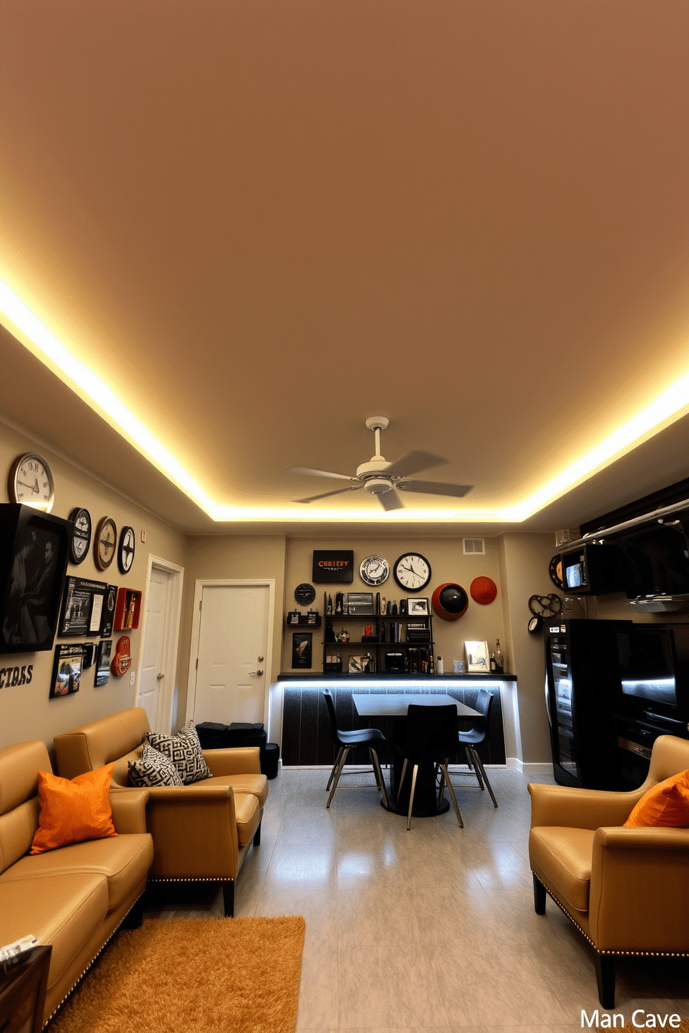 A stylish man cave garage features LED strip lighting along the ceiling, casting a warm glow that enhances the space's inviting atmosphere. The garage is equipped with plush seating, a sleek bar area, and walls adorned with vintage memorabilia, creating a perfect retreat for relaxation and entertainment.