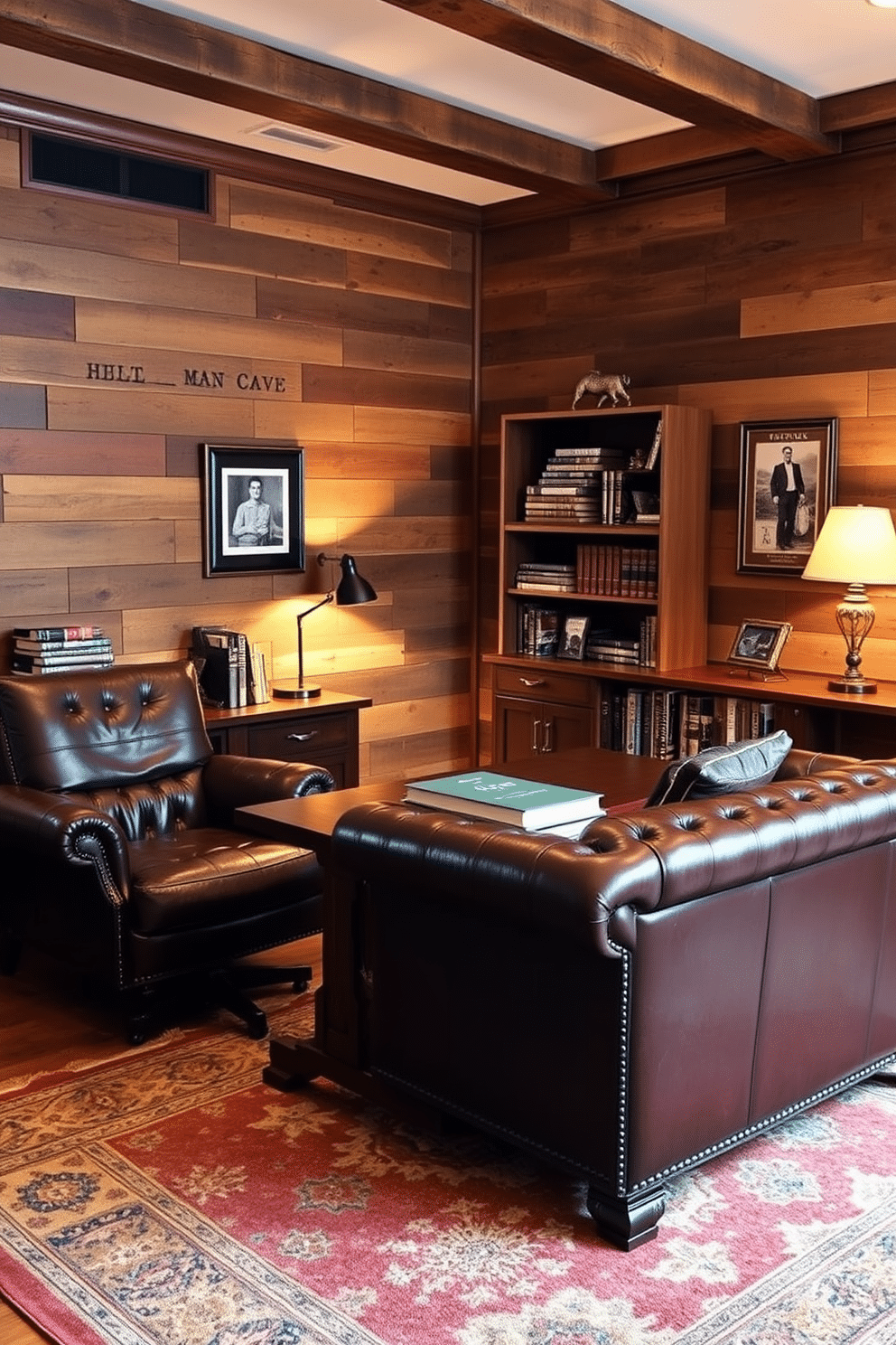 A cozy man cave office featuring rustic wood accents and rich leather furniture. The walls are adorned with reclaimed wood panels, and a large leather sofa sits opposite a sturdy wooden desk, creating a warm and inviting workspace. A vintage-style rug lies beneath the desk, adding texture and comfort to the space. On the desk, a classic desk lamp illuminates a collection of books and personal memorabilia, enhancing the character of this unique office environment.