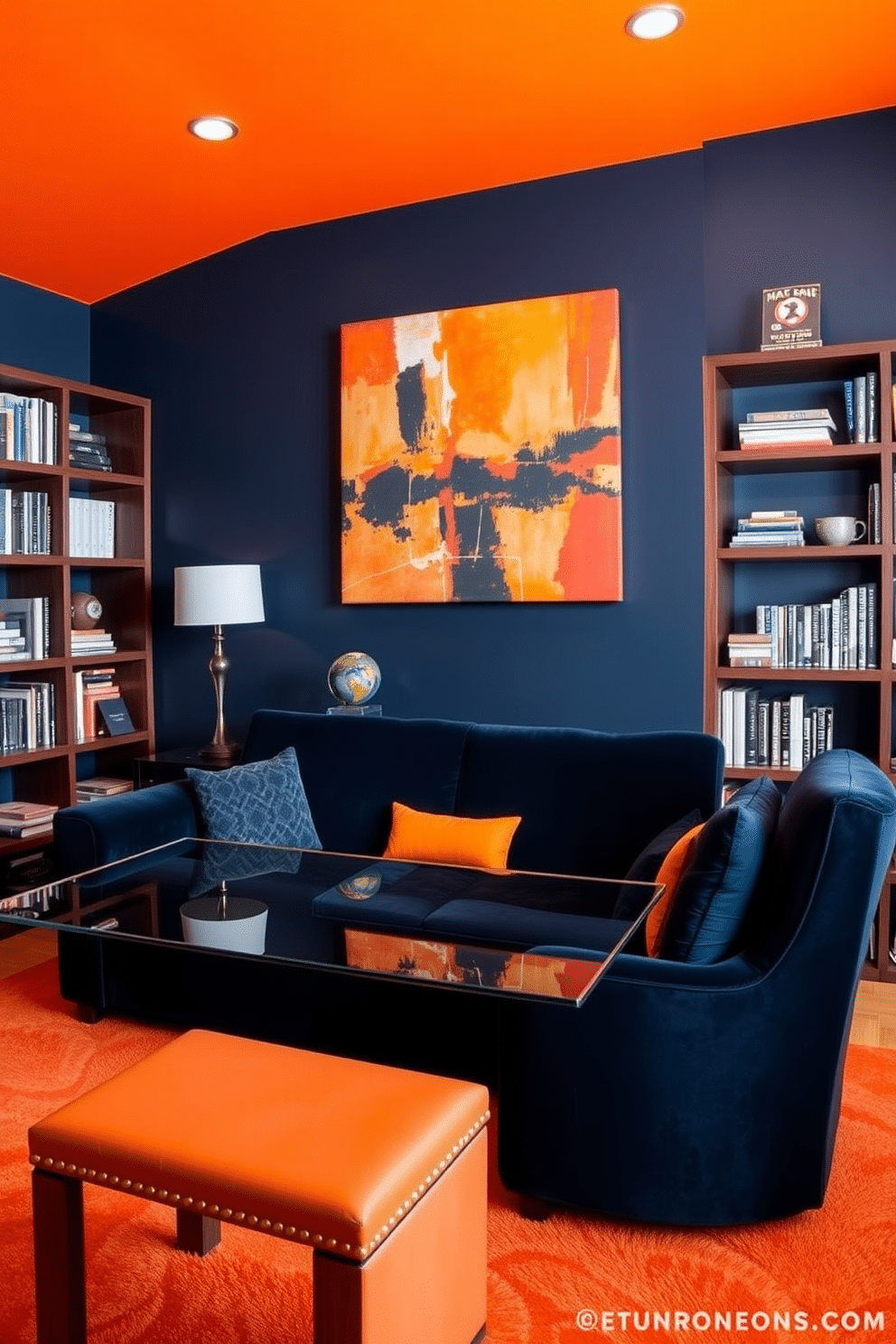 A bold color scheme featuring deep navy blue walls and vibrant orange accents creates a dramatic effect in this man cave office. The space is enhanced with a plush, oversized navy sofa and a sleek glass desk, providing a modern yet comfortable workspace. Rich wood shelves line one wall, displaying an impressive collection of books and memorabilia. A striking piece of abstract art in warm tones hangs above the desk, adding personality and visual interest to the room.