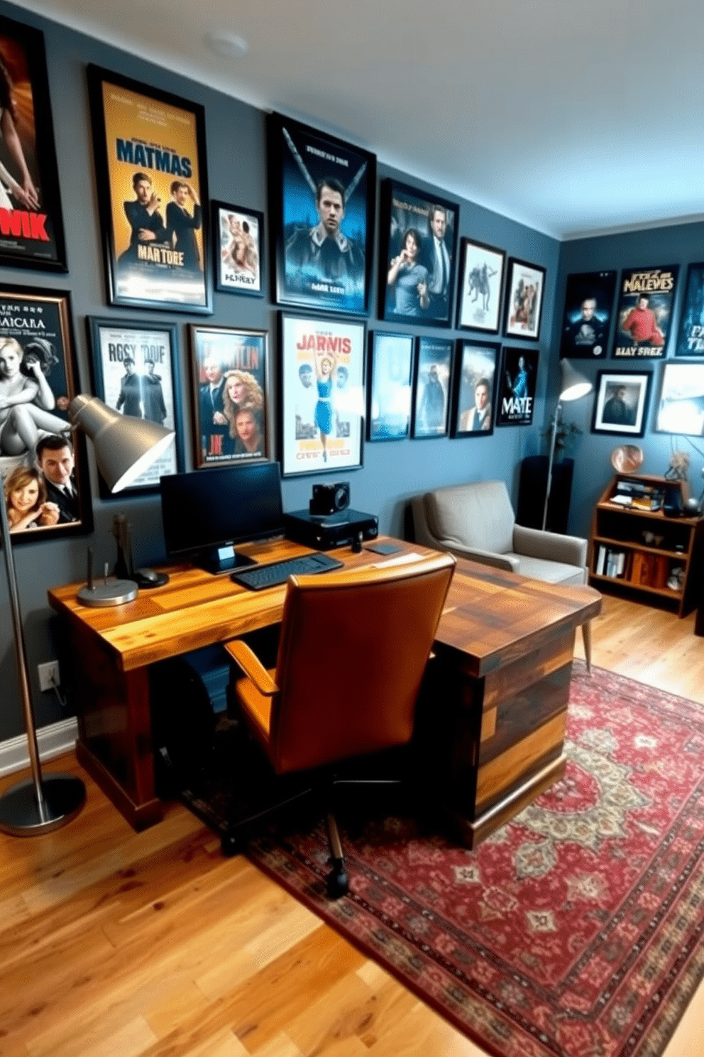 A stylish man cave office featuring framed art of favorite movies on the walls, creating an inspiring and personalized atmosphere. The desk is made of reclaimed wood and complemented by a comfortable leather chair, while a vintage rug adds warmth to the space. In one corner, a cozy reading nook with a plush armchair and a small bookshelf invites relaxation. Ambient lighting from sleek floor lamps enhances the overall mood, making it a perfect spot for both work and leisure.