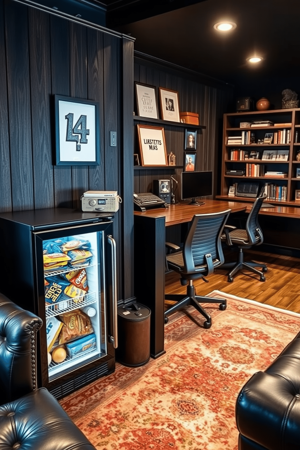 A mini fridge stocked with snacks is positioned in the corner of a stylish man cave office, surrounded by dark wood paneling and plush leather seating. The fridge is sleek and modern, complementing the industrial-style decor, while a vintage rug adds warmth to the space. The office area features a large wooden desk with a matte black finish, paired with an ergonomic chair for comfort during long hours of work. Shelves filled with books and personal memorabilia line the walls, creating an inviting and personalized atmosphere.