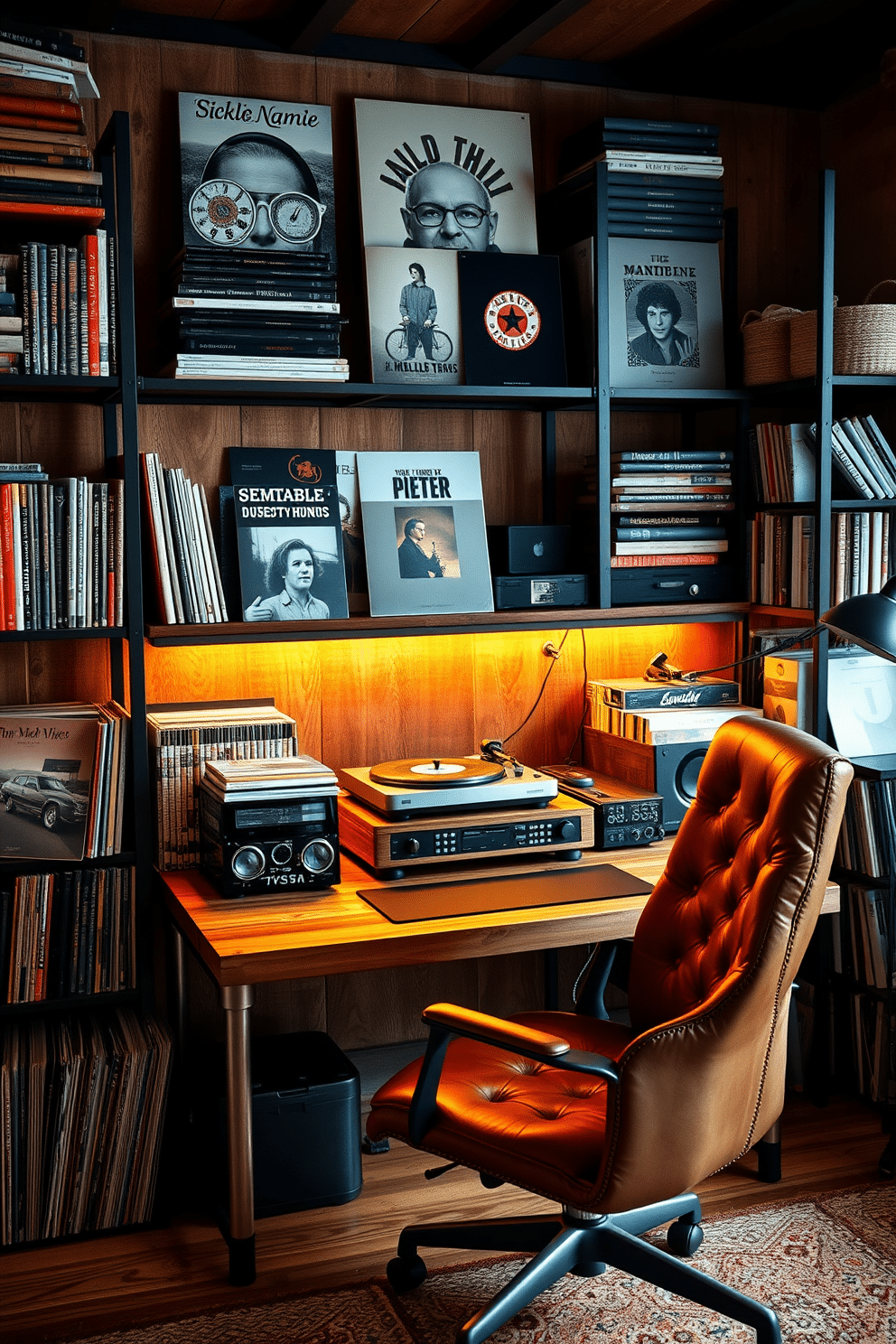 A cozy man cave office featuring a vintage record player prominently displayed on a rustic wooden shelf. Surrounding the player is an extensive vinyl collection, organized by genre, with warm ambient lighting highlighting the album covers. The office desk is made of reclaimed wood, paired with a comfortable leather chair that invites long hours of work. Industrial-style shelving units line the walls, filled with books and personal memorabilia, creating a personalized and inspiring workspace.