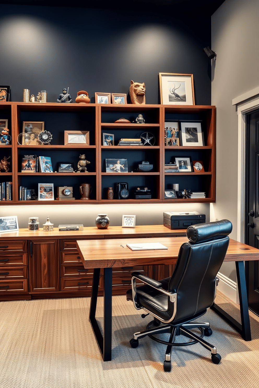 A custom-built shelving unit lines the wall, crafted from rich walnut wood with intricate detailing. It showcases an array of collectibles, from vintage toys to art pieces, each thoughtfully arranged to create a visually appealing display. The man cave office features a sleek, modern desk made of reclaimed wood, paired with a comfortable leather chair. Ambient lighting highlights the space, while dark blue walls and industrial accents create a cozy yet stylish atmosphere.