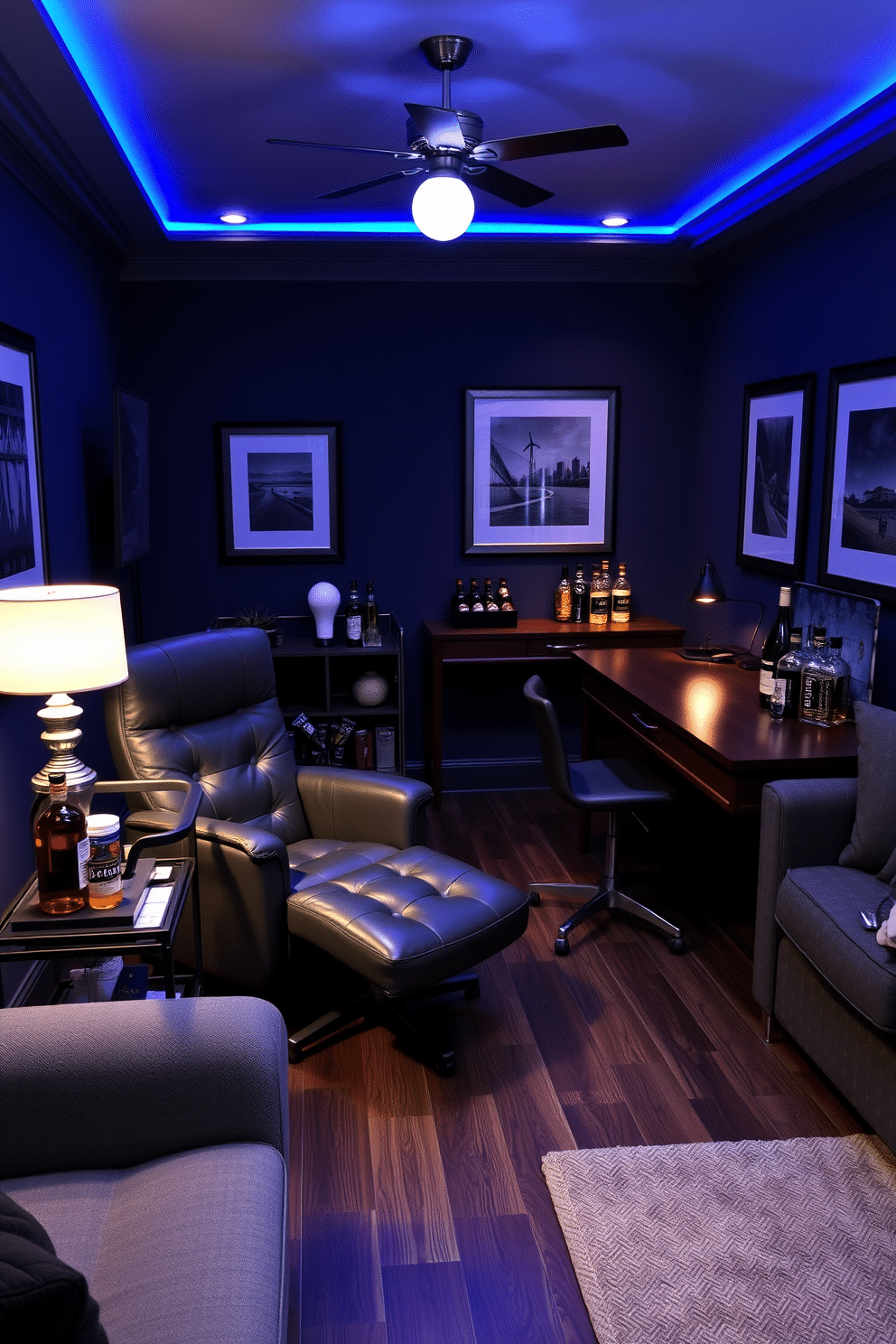 A cozy man cave office with mood lighting created by smart bulbs that can change colors based on the time of day. The space features a large, plush leather chair, a sleek wooden desk with a modern lamp, and soundproof walls adorned with framed artwork. In one corner, a stylish bar cart holds a selection of drinks, while a comfortable sofa invites relaxation during breaks. The flooring is a rich, dark hardwood, and the overall color palette combines deep blues and grays for a sophisticated yet inviting atmosphere.