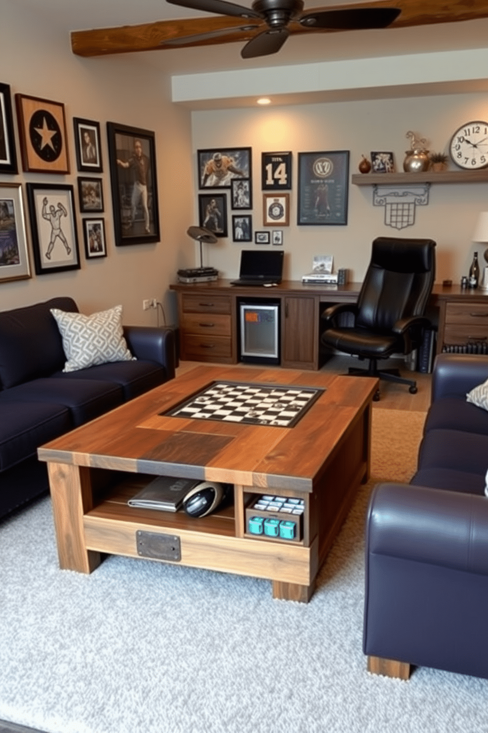 A unique coffee table designed with integrated game features, including a built-in chessboard and card storage. The table is crafted from reclaimed wood with a rustic finish, surrounded by plush seating in deep navy fabric. A man cave office designed for relaxation and productivity, featuring a large leather executive chair and a custom-made desk with industrial accents. The walls are adorned with framed sports memorabilia, and ambient lighting creates a cozy atmosphere, complemented by a mini fridge stocked with refreshments.