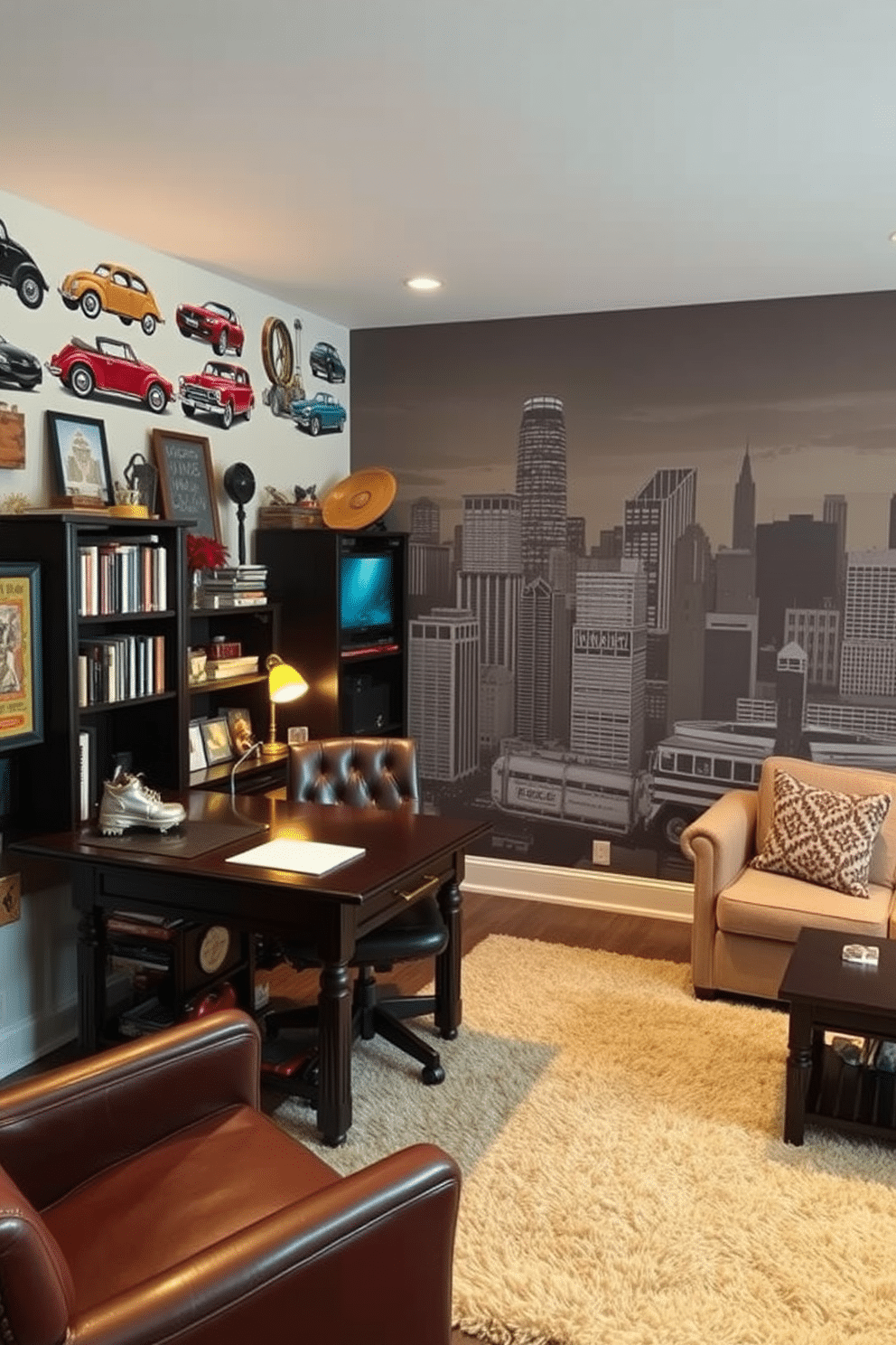 A cozy man cave office featuring personalized wall decals that reflect the owner's interests, such as vintage cars and sports memorabilia. The space includes a dark wood desk with a leather chair, surrounded by shelves filled with books and collectibles, creating a warm and inviting atmosphere. Incorporating a mural of a city skyline on one wall adds a dynamic focal point, while soft ambient lighting enhances the room's relaxed vibe. A plush area rug anchors the seating area, which includes a comfortable sofa and a coffee table for casual meetings or relaxation.