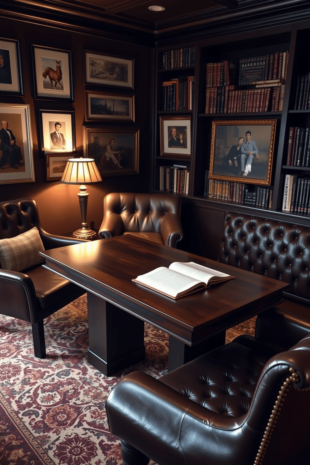 A stylish man cave office featuring a sleek wooden desk with a leather-bound notebook open, surrounded by rich, dark leather seating. The walls are adorned with framed art pieces and shelves filled with books, creating an inspiring and cozy atmosphere. In one corner, a plush armchair complements the desk, with a vintage floor lamp casting a warm glow. A patterned rug anchors the space, adding texture and comfort to the room.