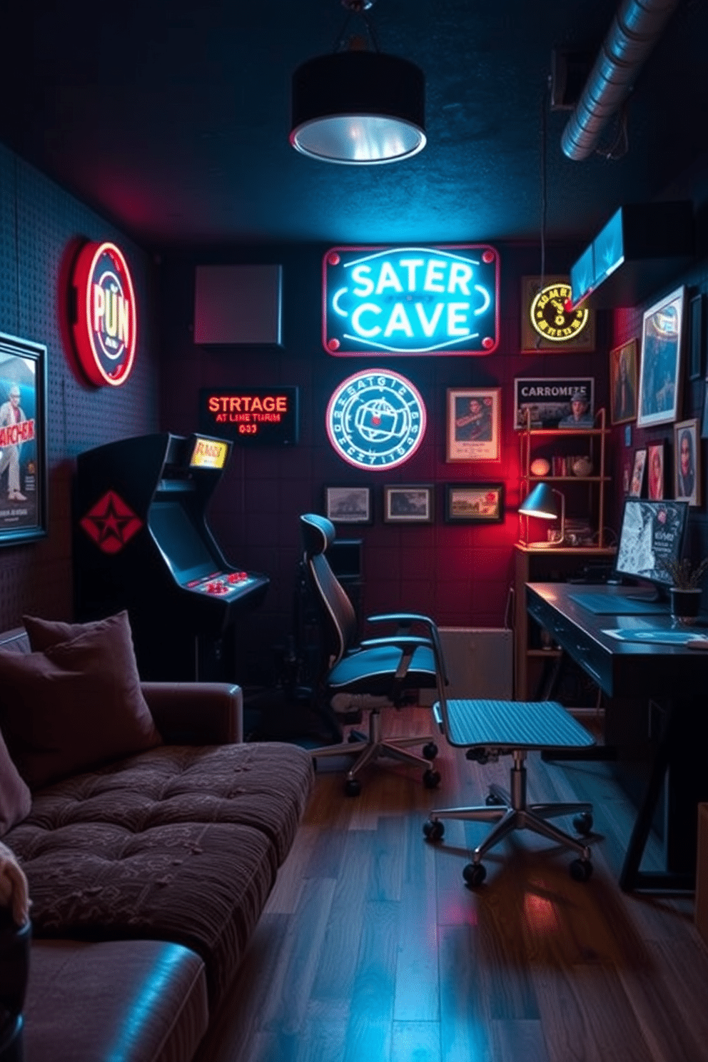 A cozy man cave featuring vintage arcade games for entertainment. The room is dimly lit with neon signs, and plush seating surrounds a classic arcade cabinet, creating a nostalgic atmosphere. An inspiring office design that combines functionality with style. The space includes a sleek desk, ergonomic chair, and vintage decor elements, enhancing creativity while providing a comfortable work environment.